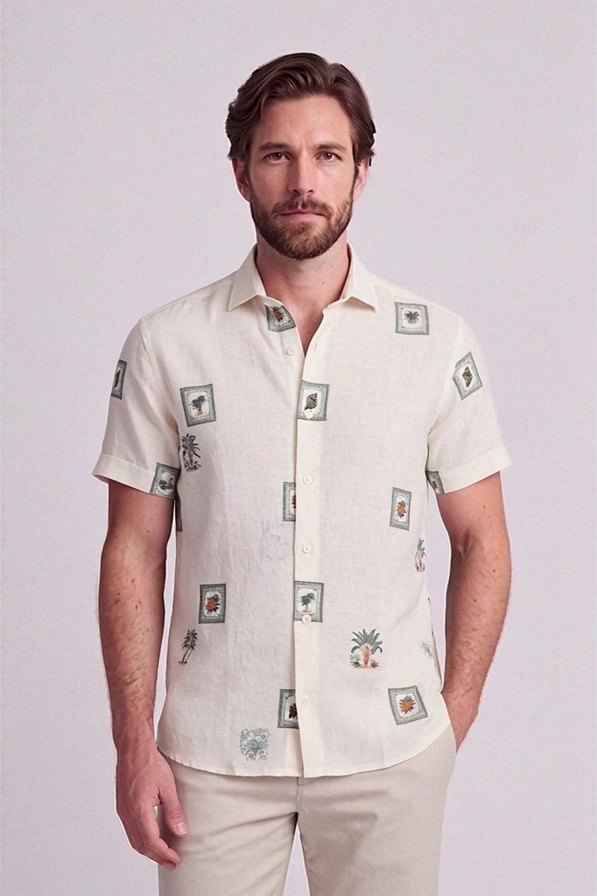 Camisa en lino estampada manga corta para hombre Jon Sonen 017225041 - imagen 1