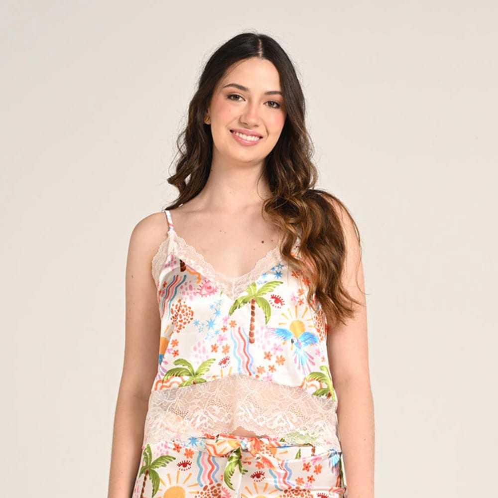 Blusa Pijama Satín de Tiras con Encaje Mujer Estampado Playa. - imagen 1