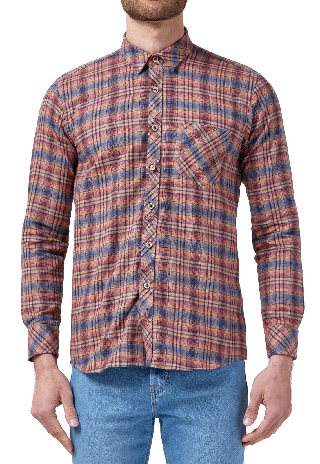 Camisa leñadora camel con rayas rojas y azules un bolsillo - imagen 5