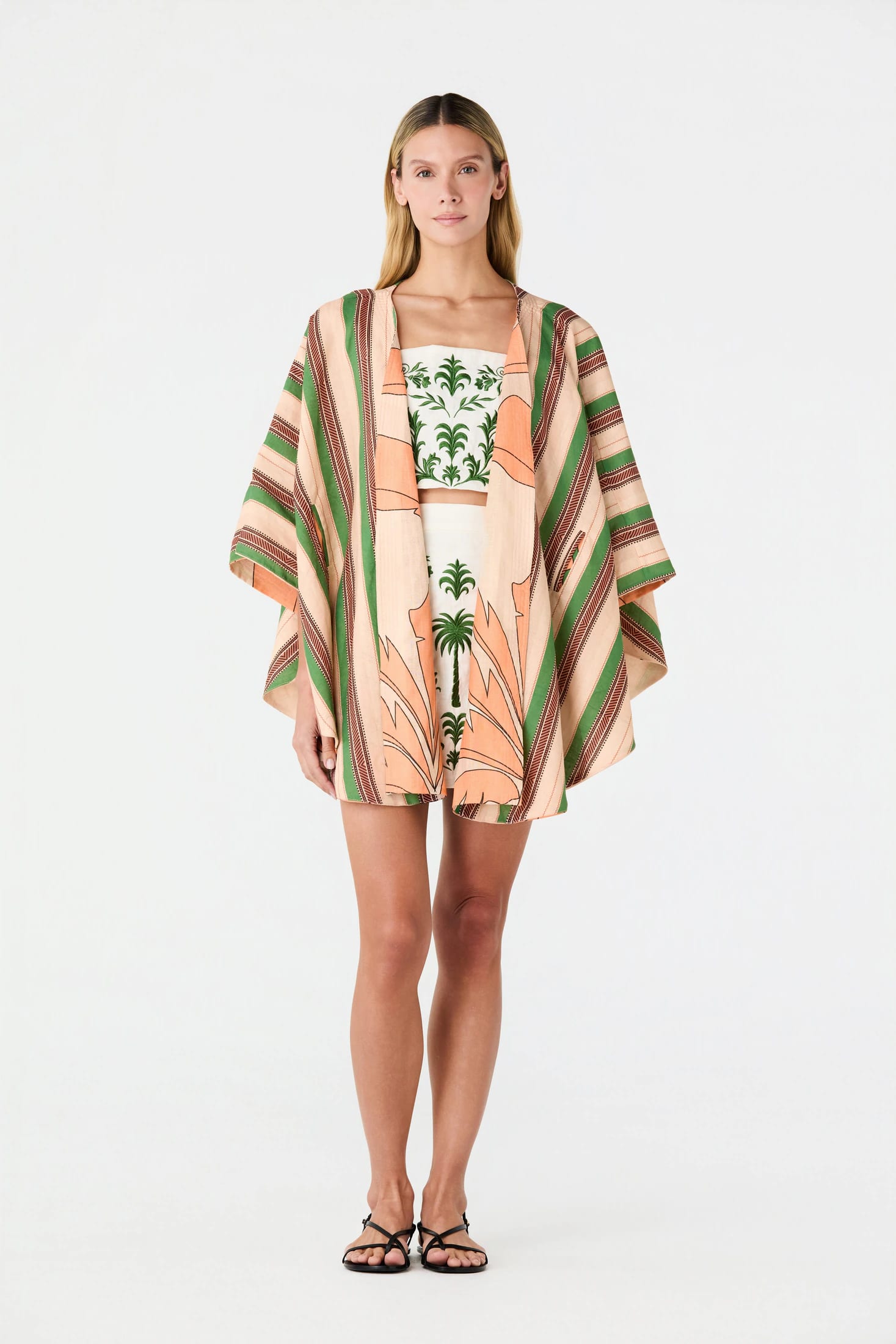 Cavalo Linen Poncho / Peach Palms - Green Artisanal Stripes - imagen 7