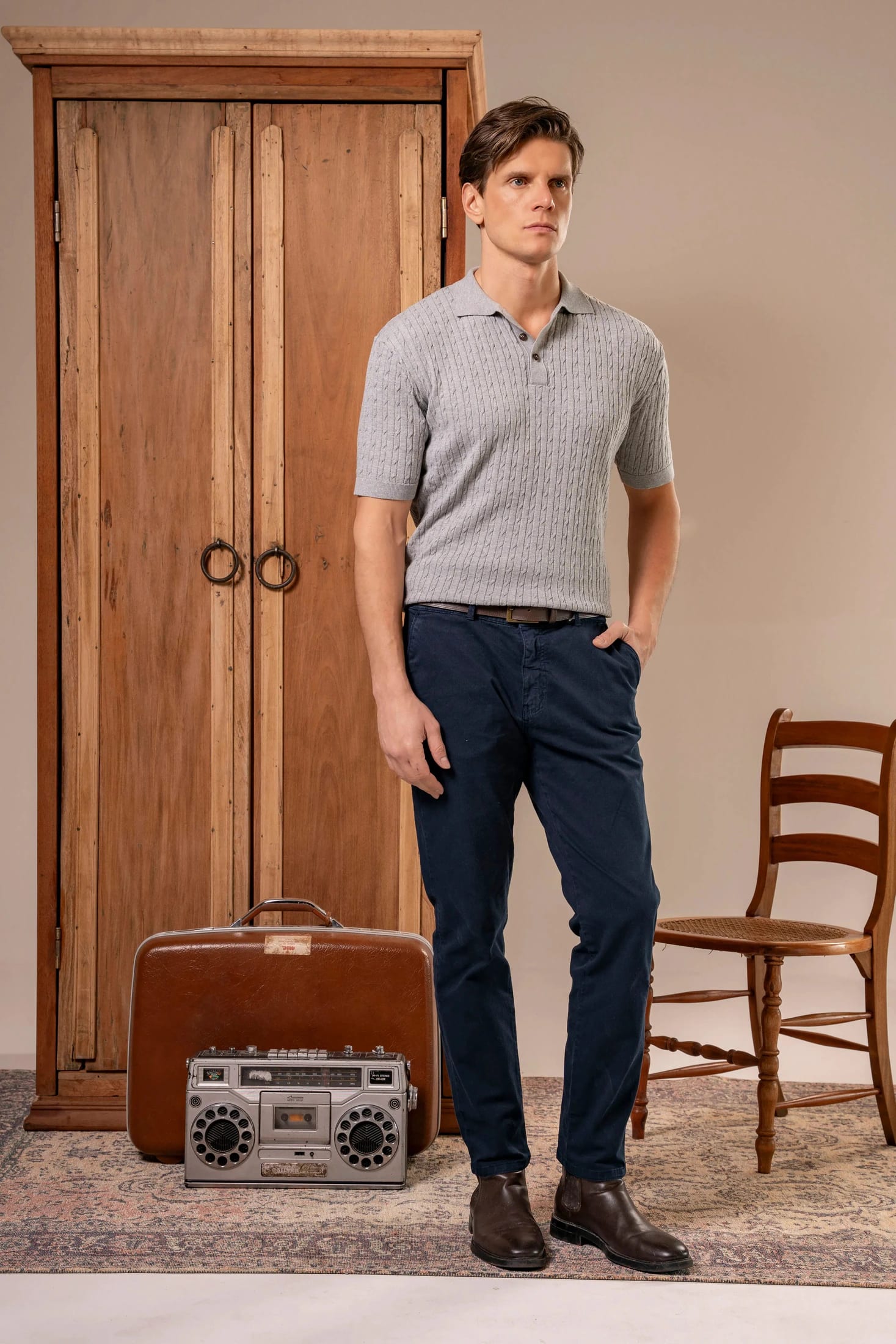 Camiseta polo trenzada tejida Hombre Hueso - imagen 4