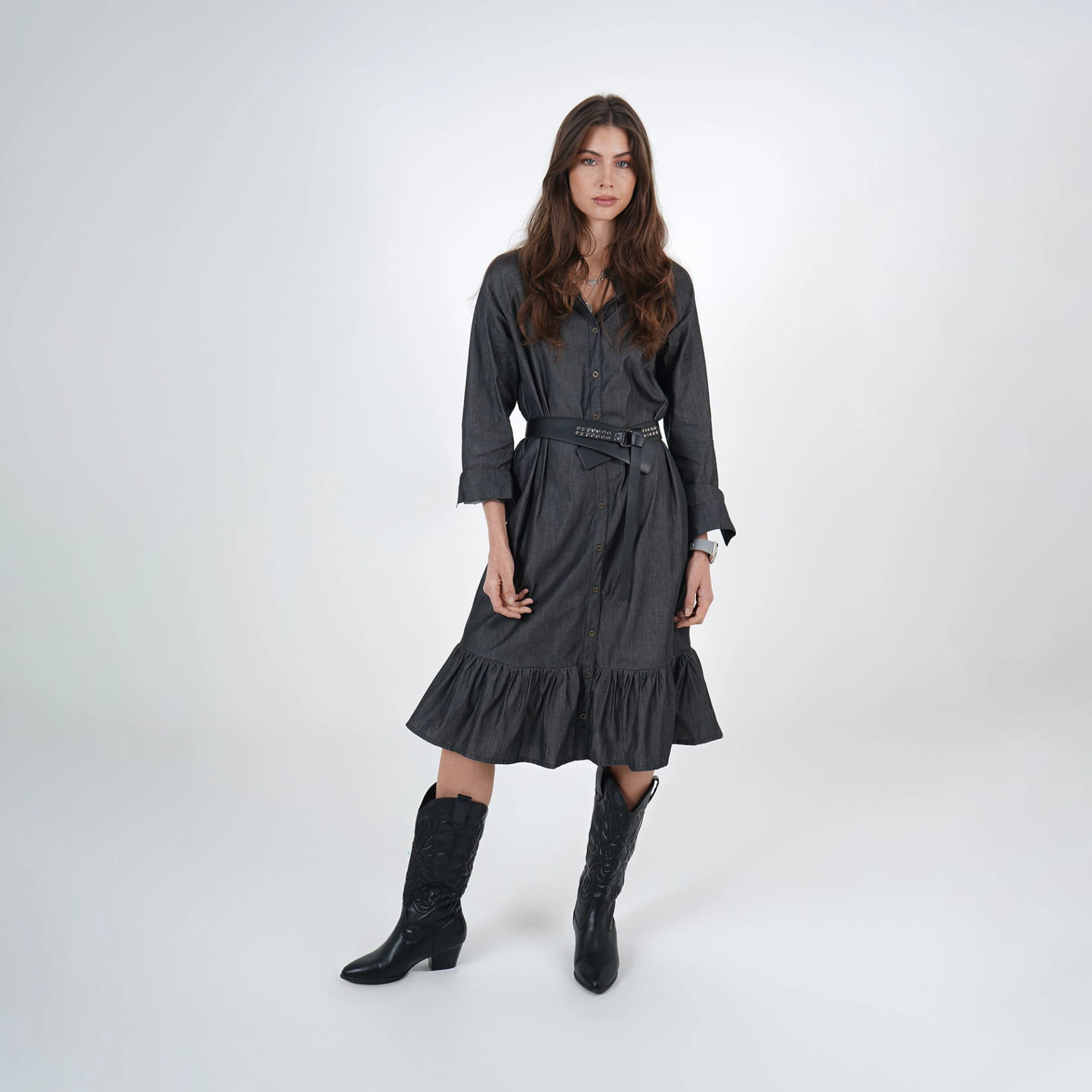 Vestidi midi camisero en denim con lazo - imagen 1