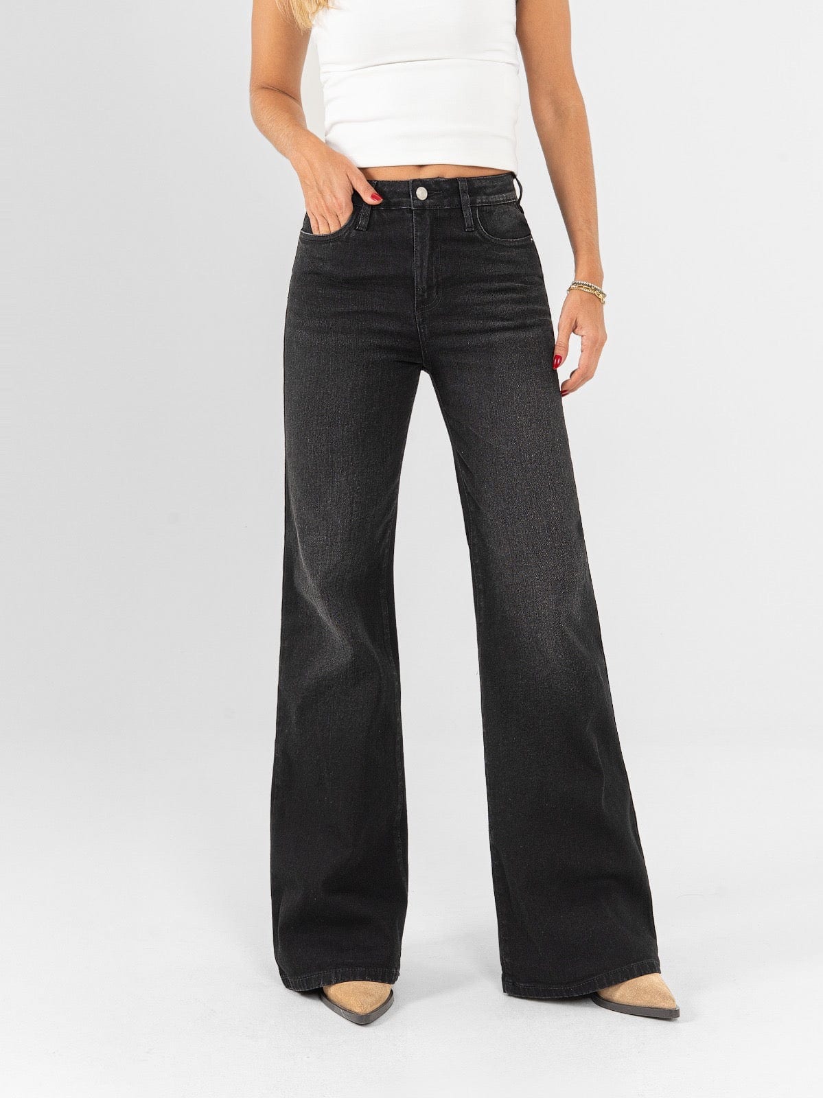 Ref: 066417 Pantalón flare stretch, bota ancha, tiro alto, tono gris oscuro - imagen 1