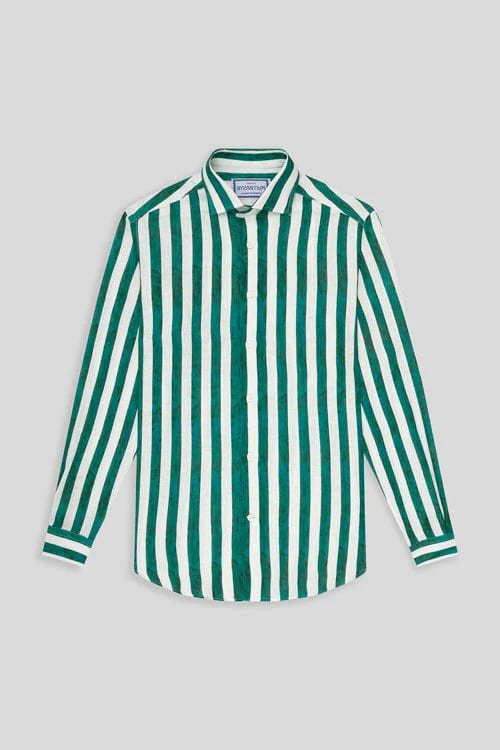 Men's linen shirt green faded striped - imagen 4