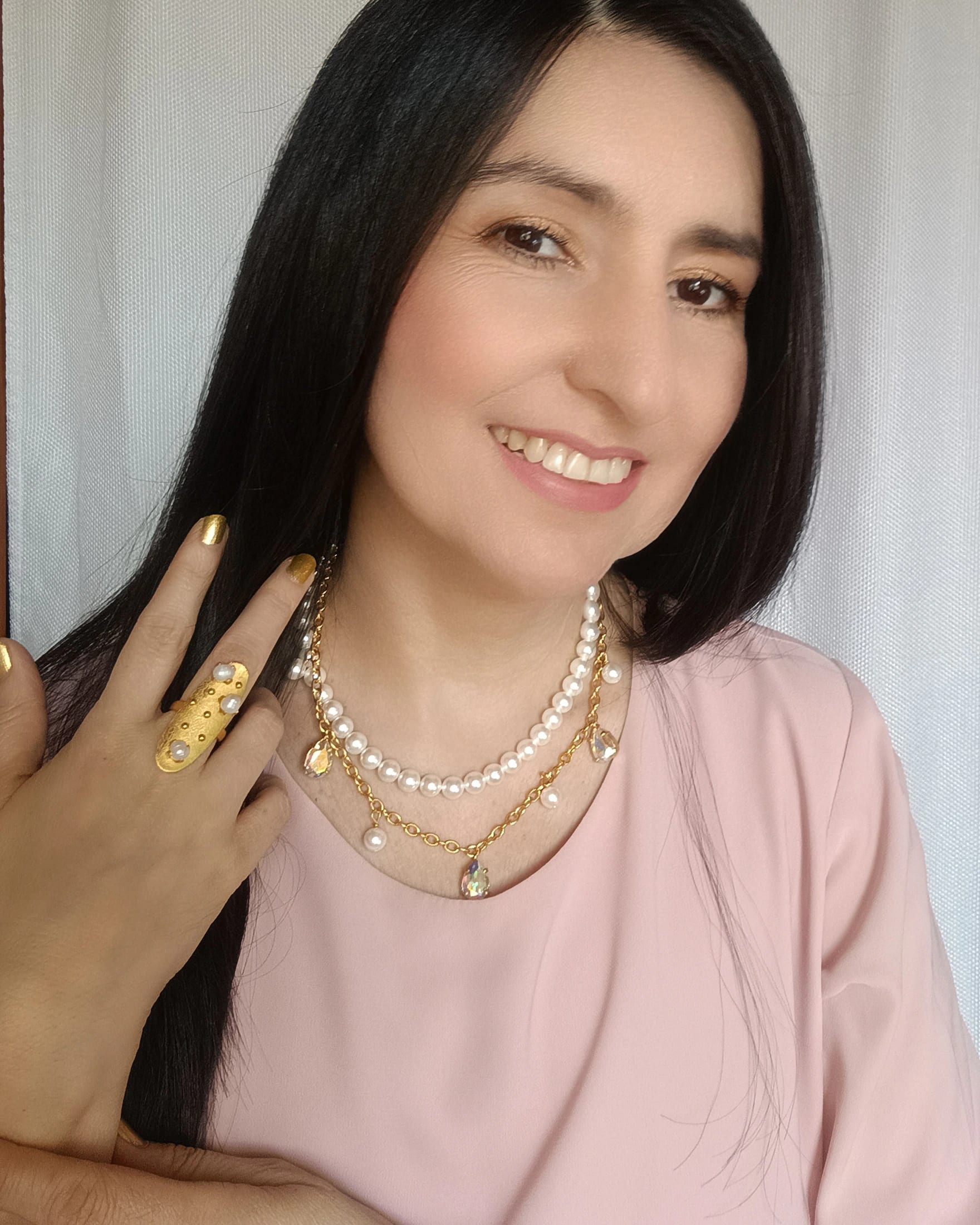 Collar doble perlas shell y cristales - imagen 2