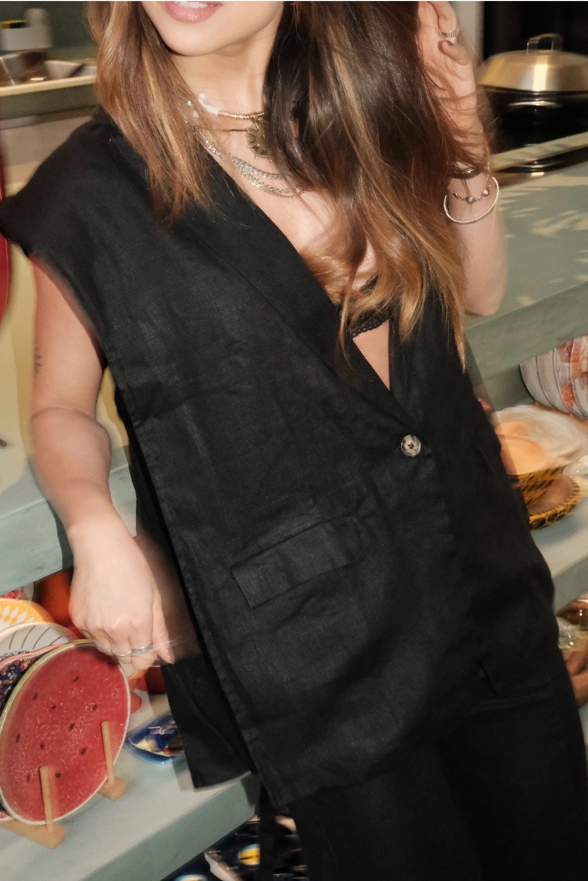 Blazer Vest Sera de lino | Negro - imagen 3