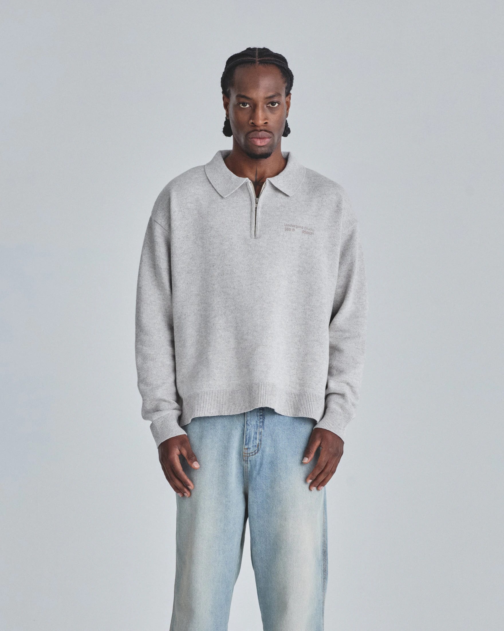 Line Knit Zip Up Long Sleeve Polo Shirt Seed Gray - imagen 2