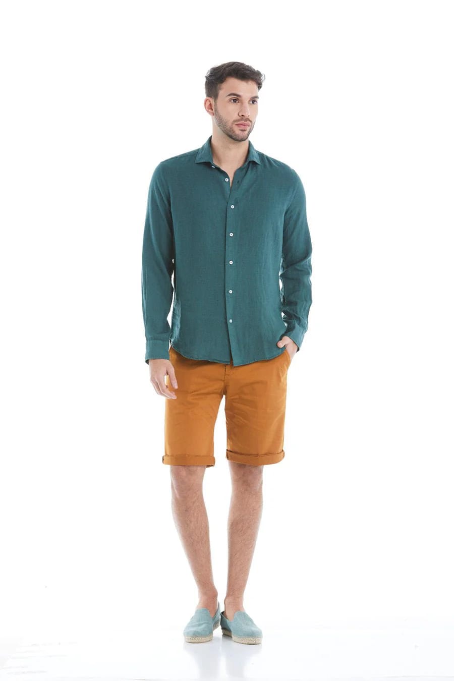 Men's linen shirt dark green - imagen 10