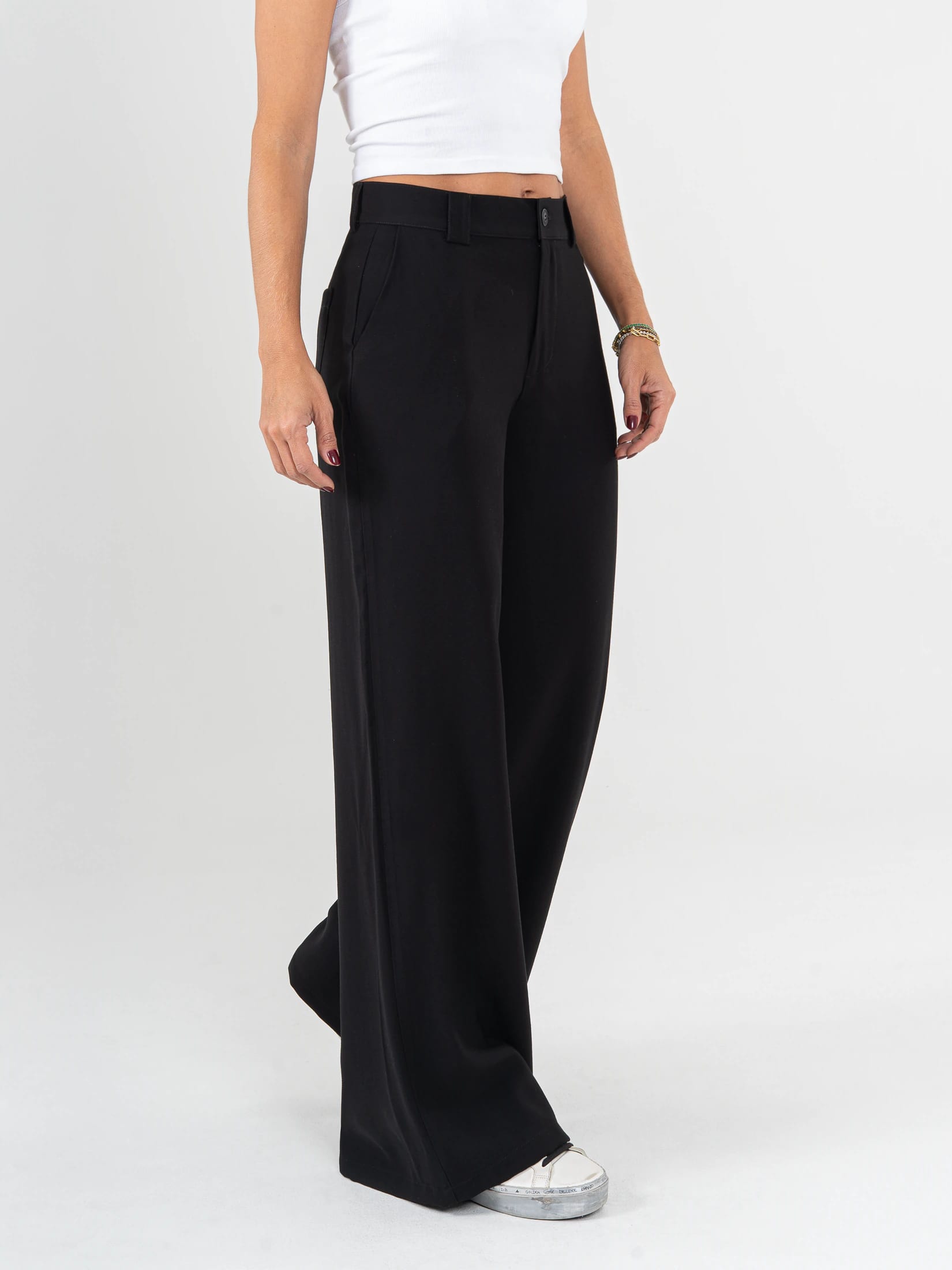 Ref: 0620601 Pantalón palazzo, tejido plano liviano, tiro alto, tono negro - imagen 3