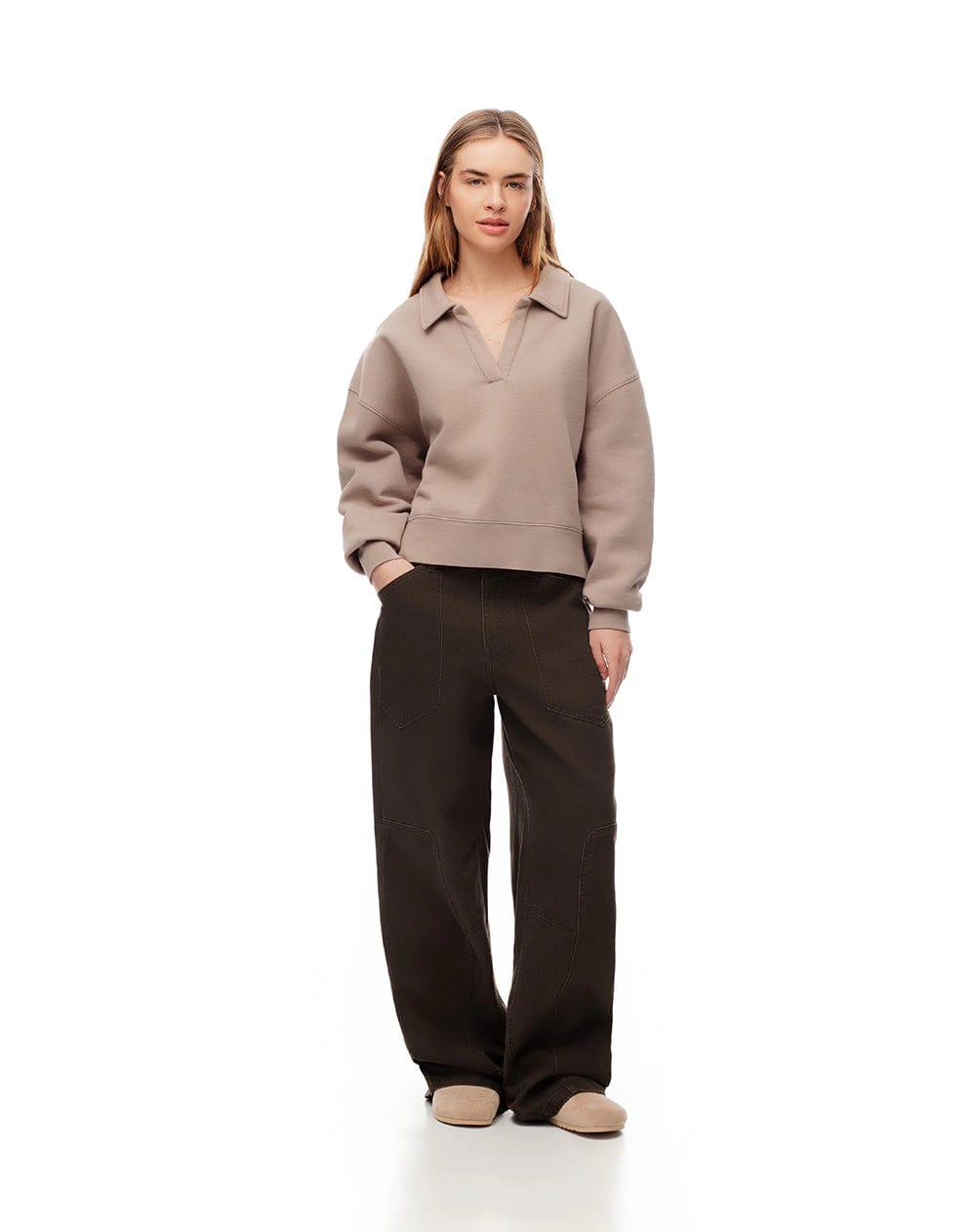 Pantalón wide leg tiro medio drill algodón chocolate mujer - imagen 1