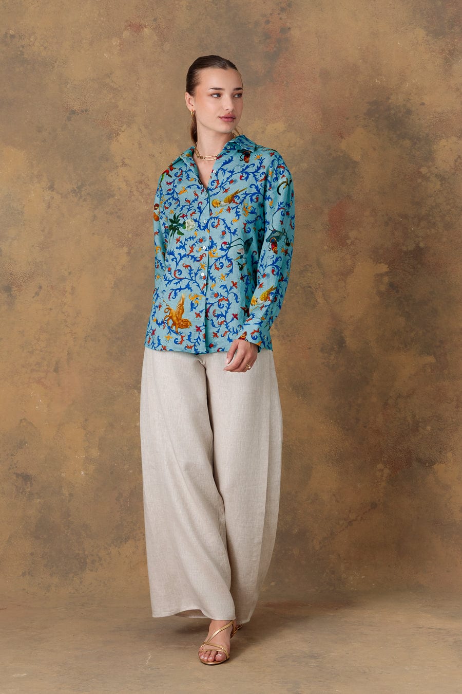 Women's shirt linen delphos turquoise - imagen 1