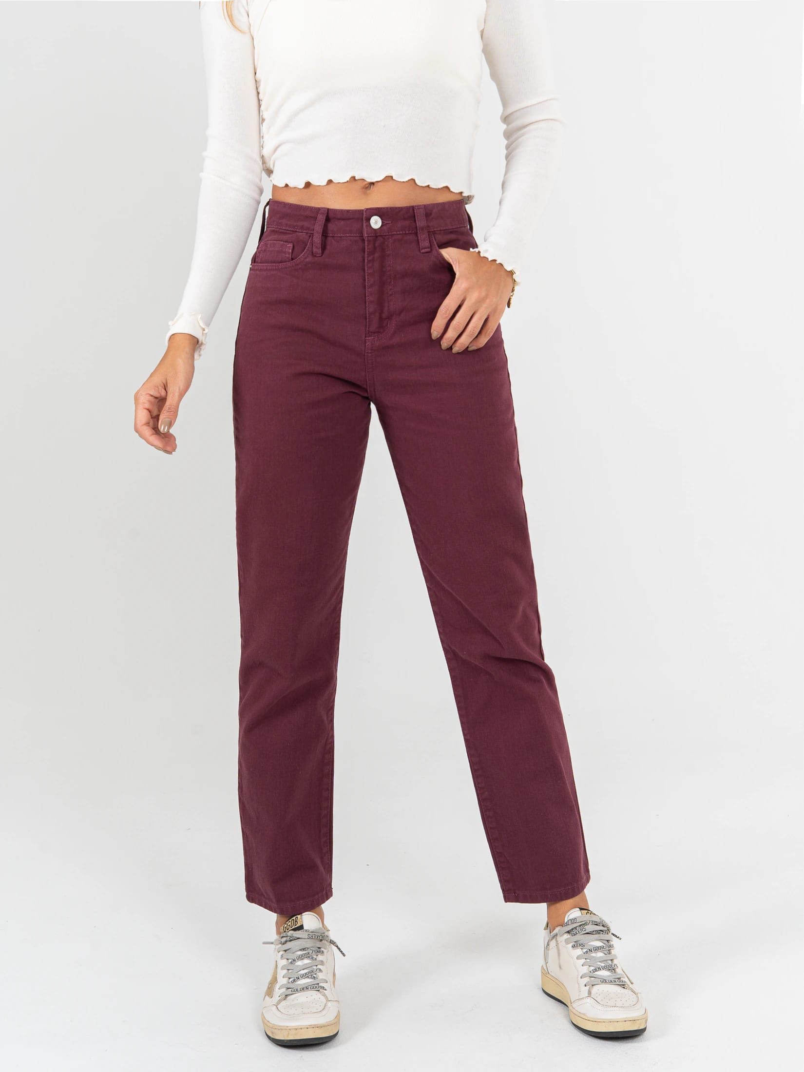 Ref: 0620201 Pantalón mom fit stretch, tiro alto, tono vino tinto. - imagen 1