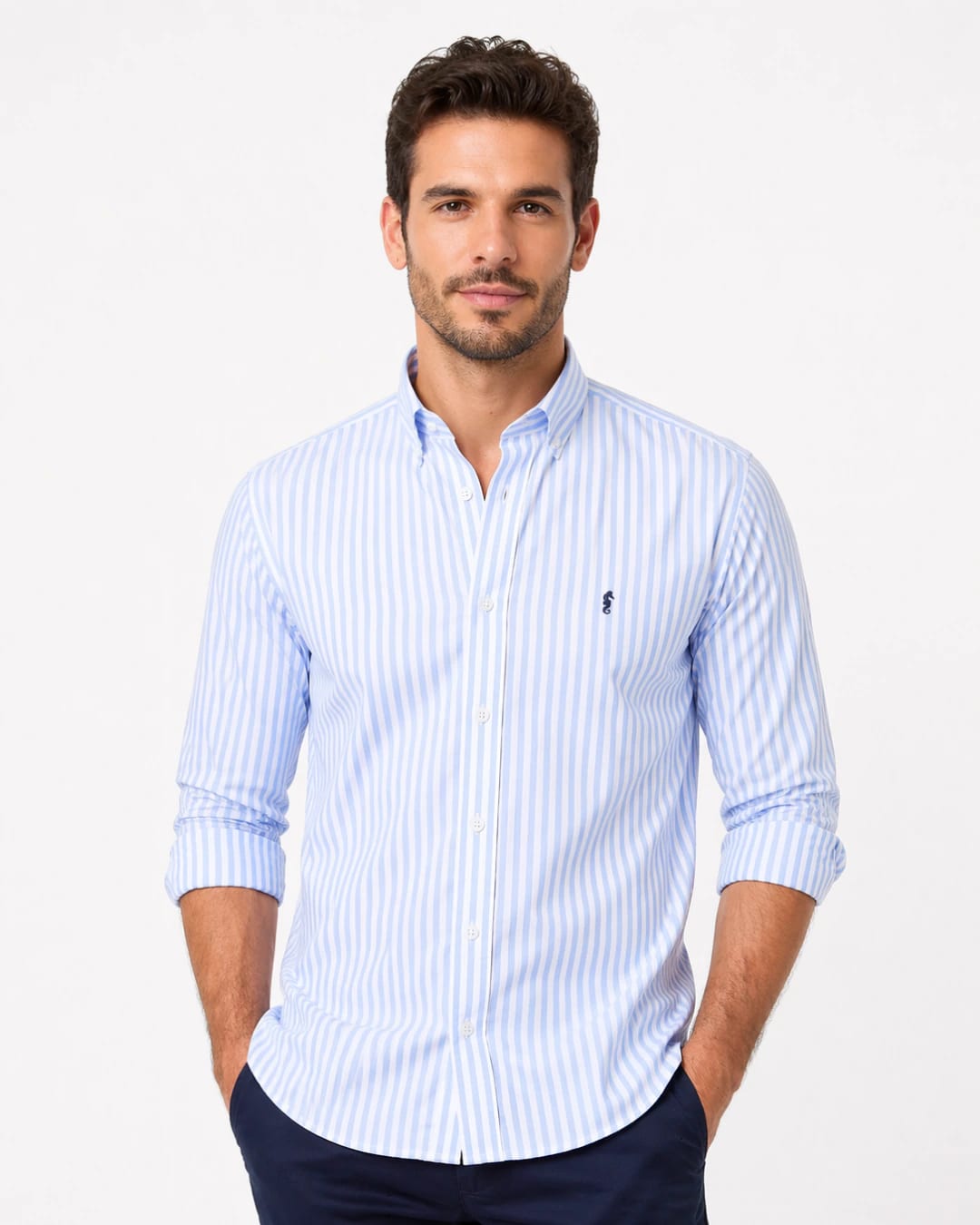 Camisa 100% Algodón Manga Larga Maxi Rayas Azul Claro - imagen 1