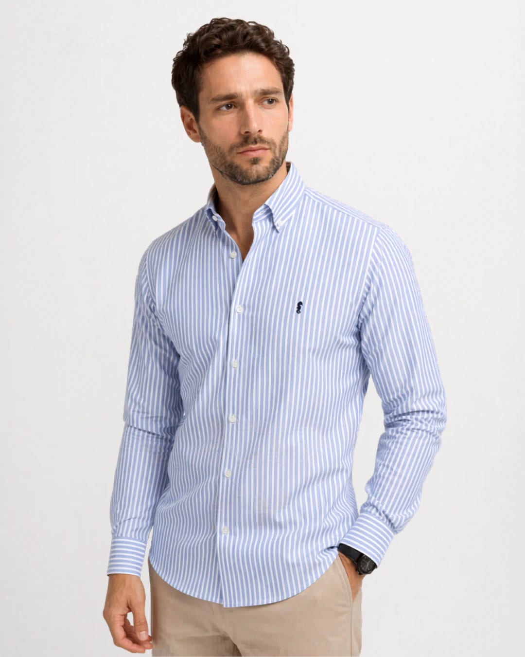 Camisa 100% Algodón Manga Larga Azul Claro Rayas Blancas - imagen 1