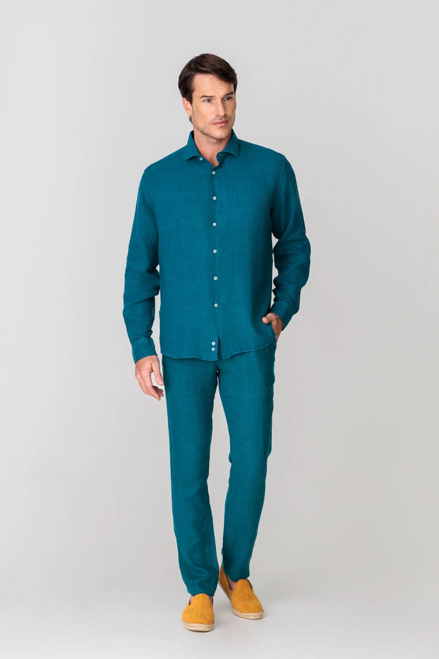 Men's linen shirt petrol blue basic - imagen 2
