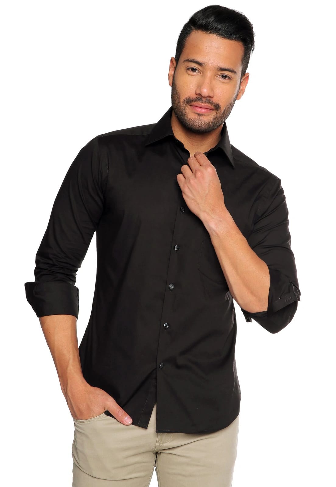 Camisa manga larga negra slim fit con spandex - imagen 1