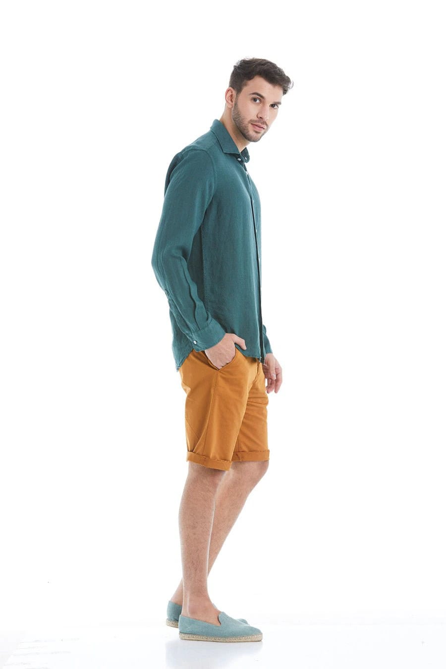 Men's linen shirt dark green - imagen 7