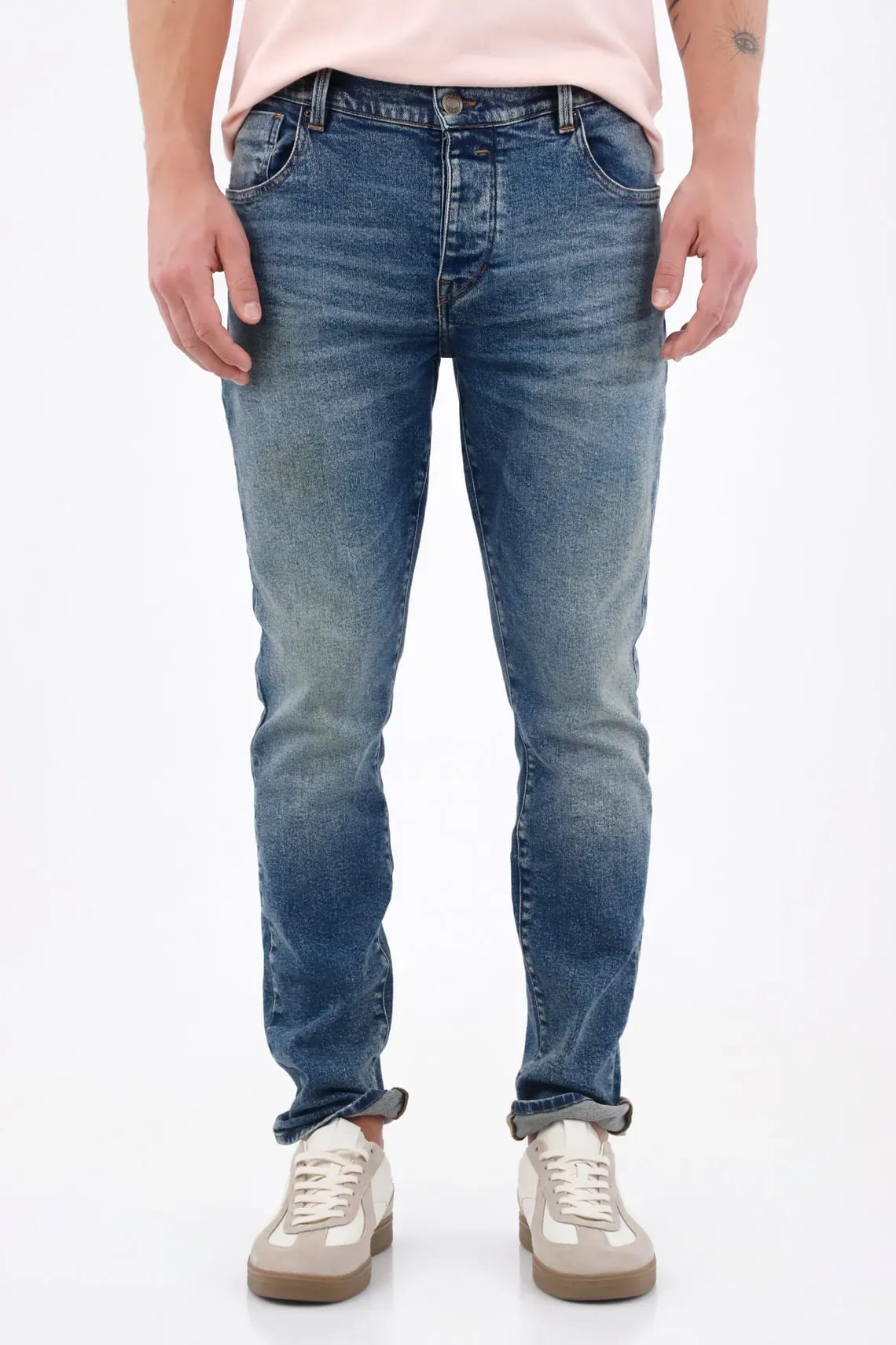 Jean skinny con lavado desgastado en denim de algodón azul medio para hombre - imagen 1
