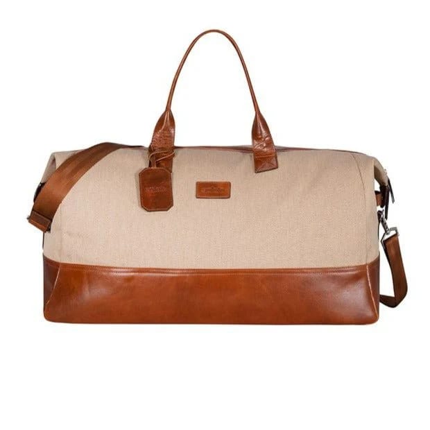Men's vintage beige leather and canvas briefcase - imagen 4