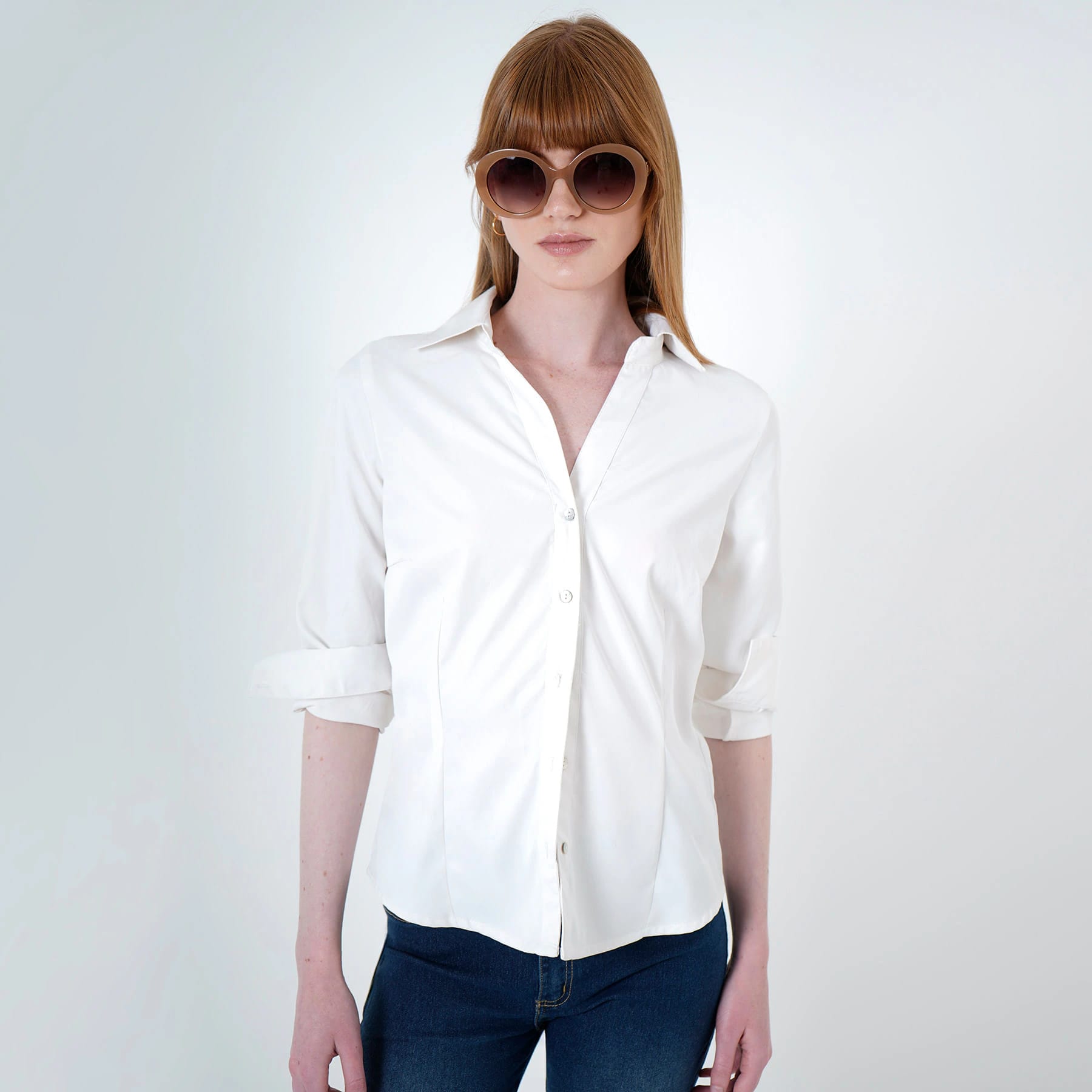 Blusa cuello camisero manga larga con pinzas de entalle - imagen 6