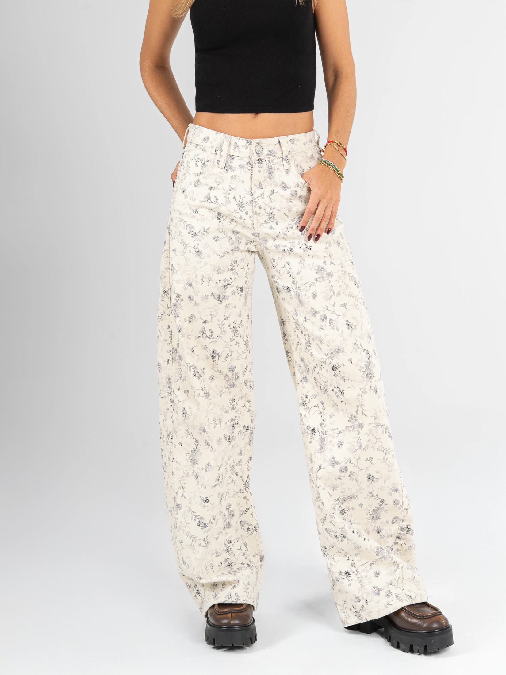 Ref: 0620653 Pantalón wide leg, stretch, detalle de tela estampada, tiro alto, tono ivory - imagen 1