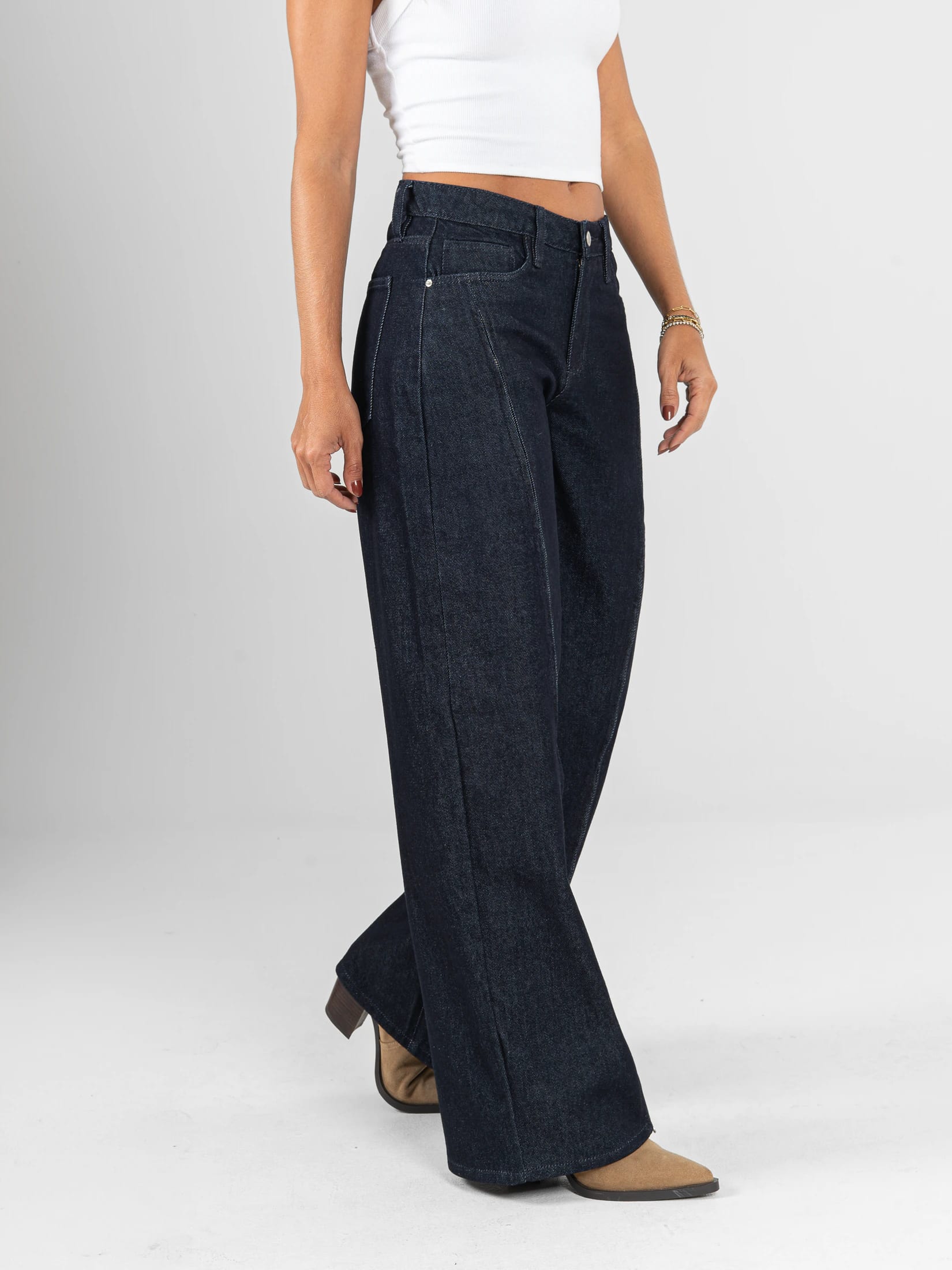 Ref: 066378 Jean wide leg, rigido, tiro alto, detalle con cierres, tono azul oscuro - imagen 3