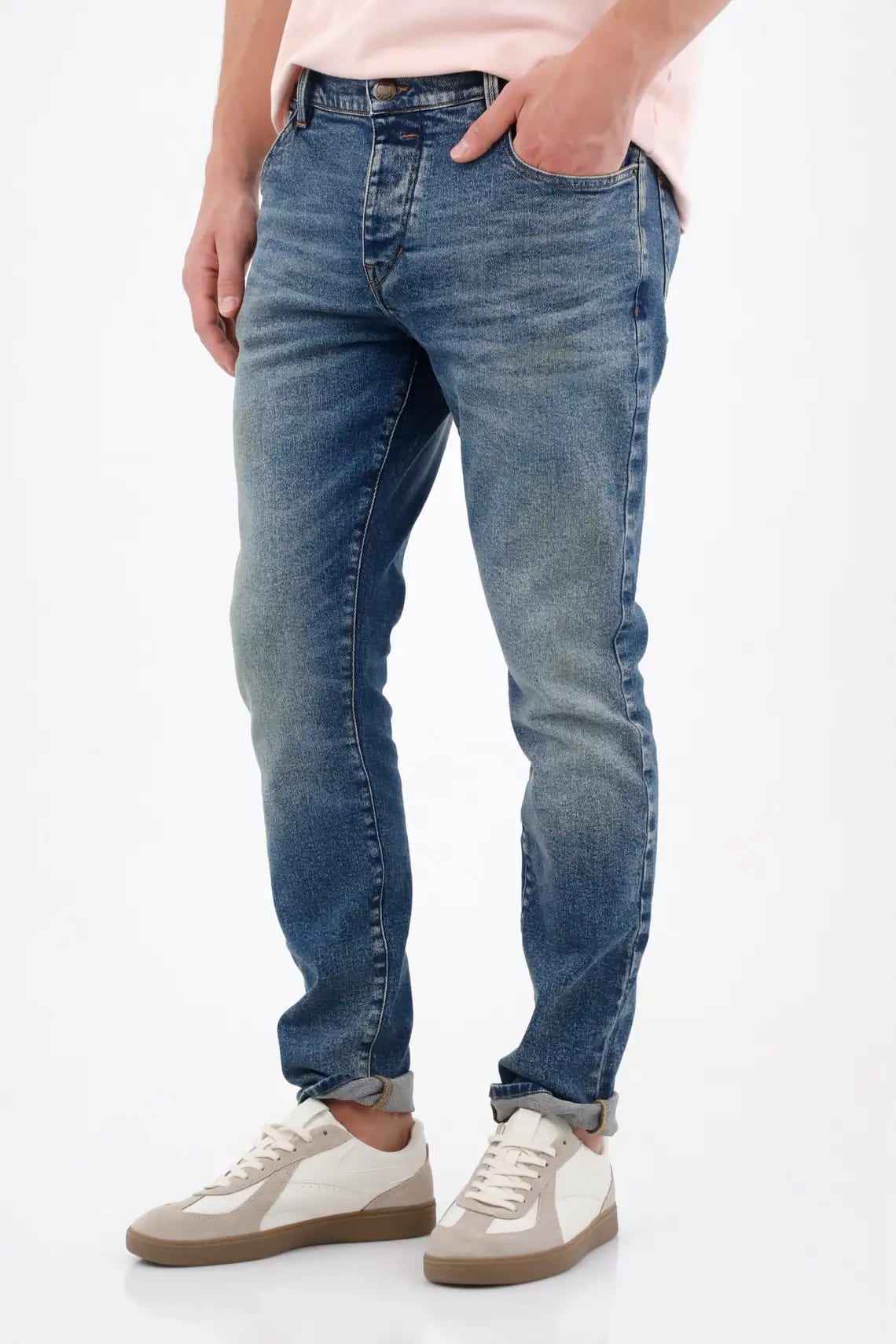 Jean skinny con lavado desgastado en denim de algodón azul medio para hombre - imagen 2