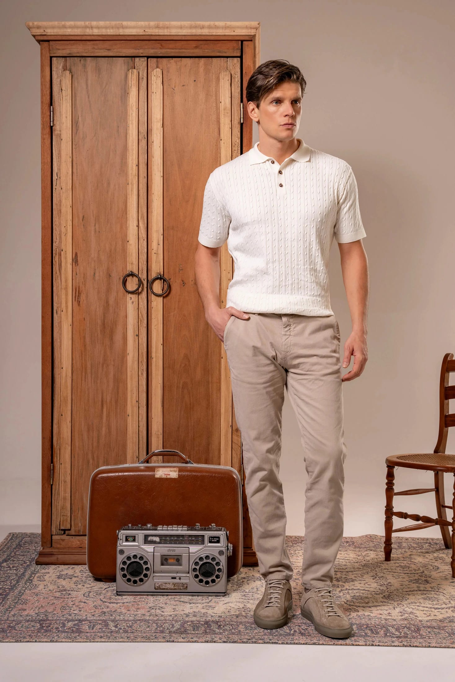 Camiseta polo trenzada tejida Hombre Hueso - imagen 8