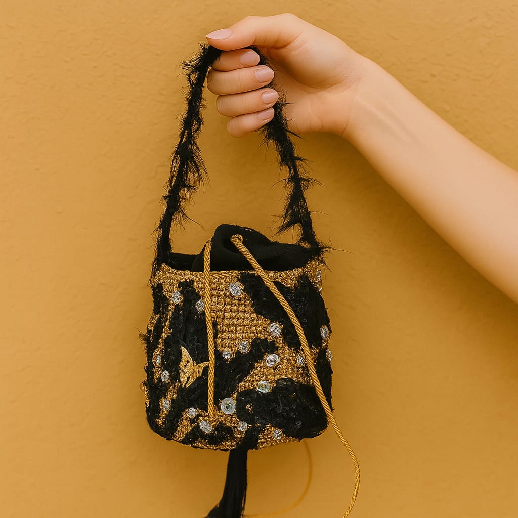 Black & Gold Minaudière Feather Bag - imagen 2