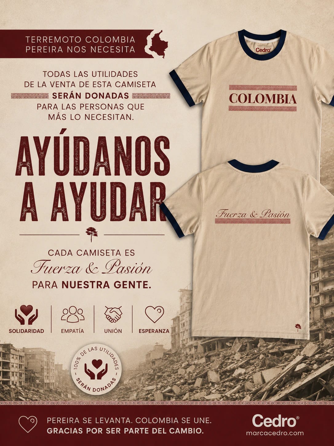 CAMISETA SOLIDARIA | COLOMBIA FUERZA & PASIÓN | AYÚDANOS A AYUDAR - imagen 1