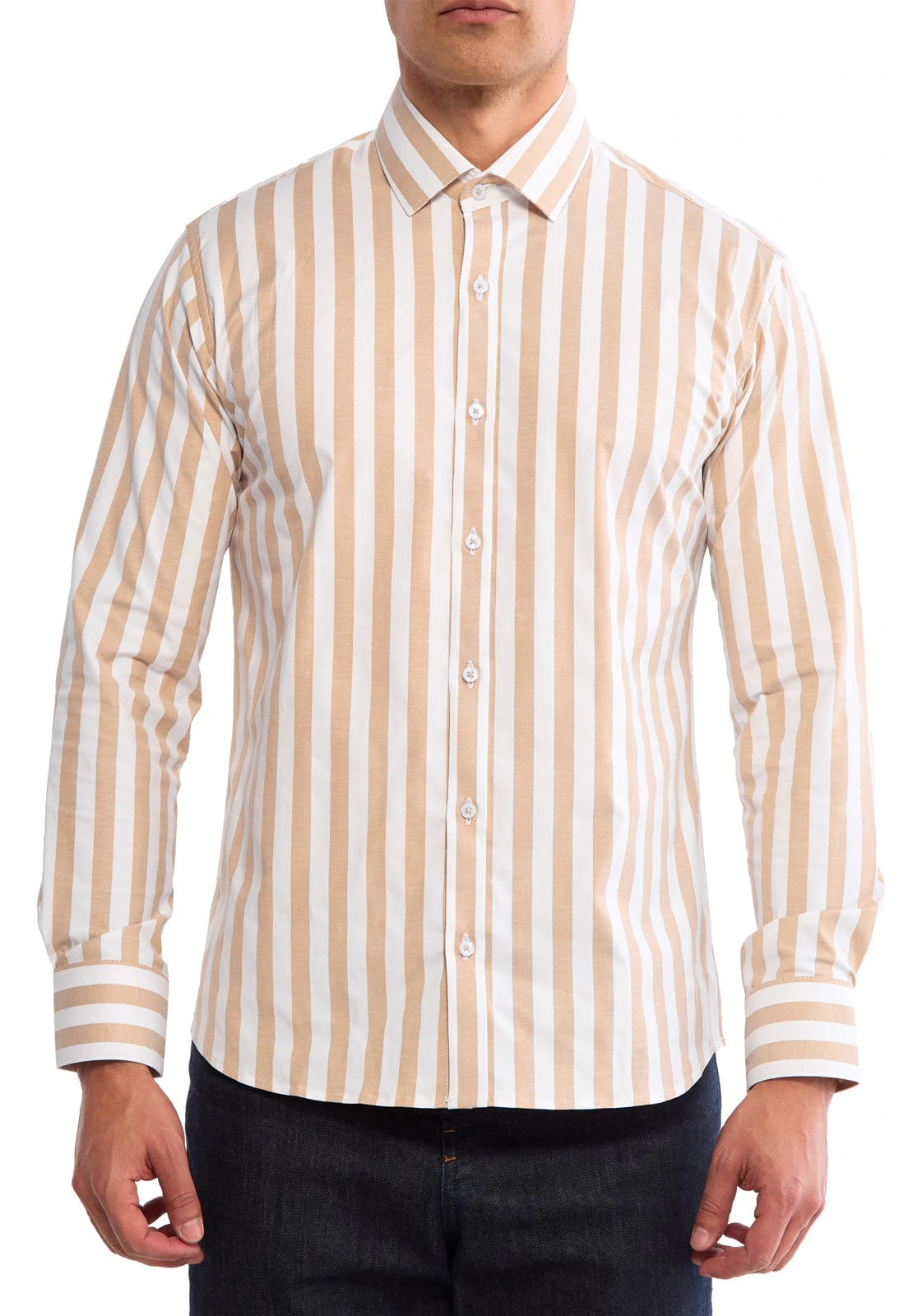 Camisa manga larga blanca con rayas camel - imagen 3