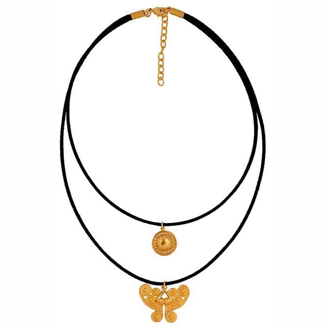 Collar Cuero doble con Dijes Pectoral de Círculos Muisca y Nariguera Mariposa Tairona - imagen 1