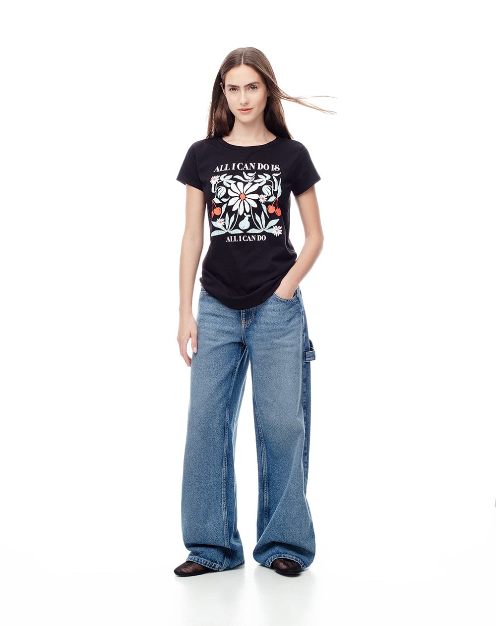 Camiseta regular algodón negra estampada mujer - imagen 5
