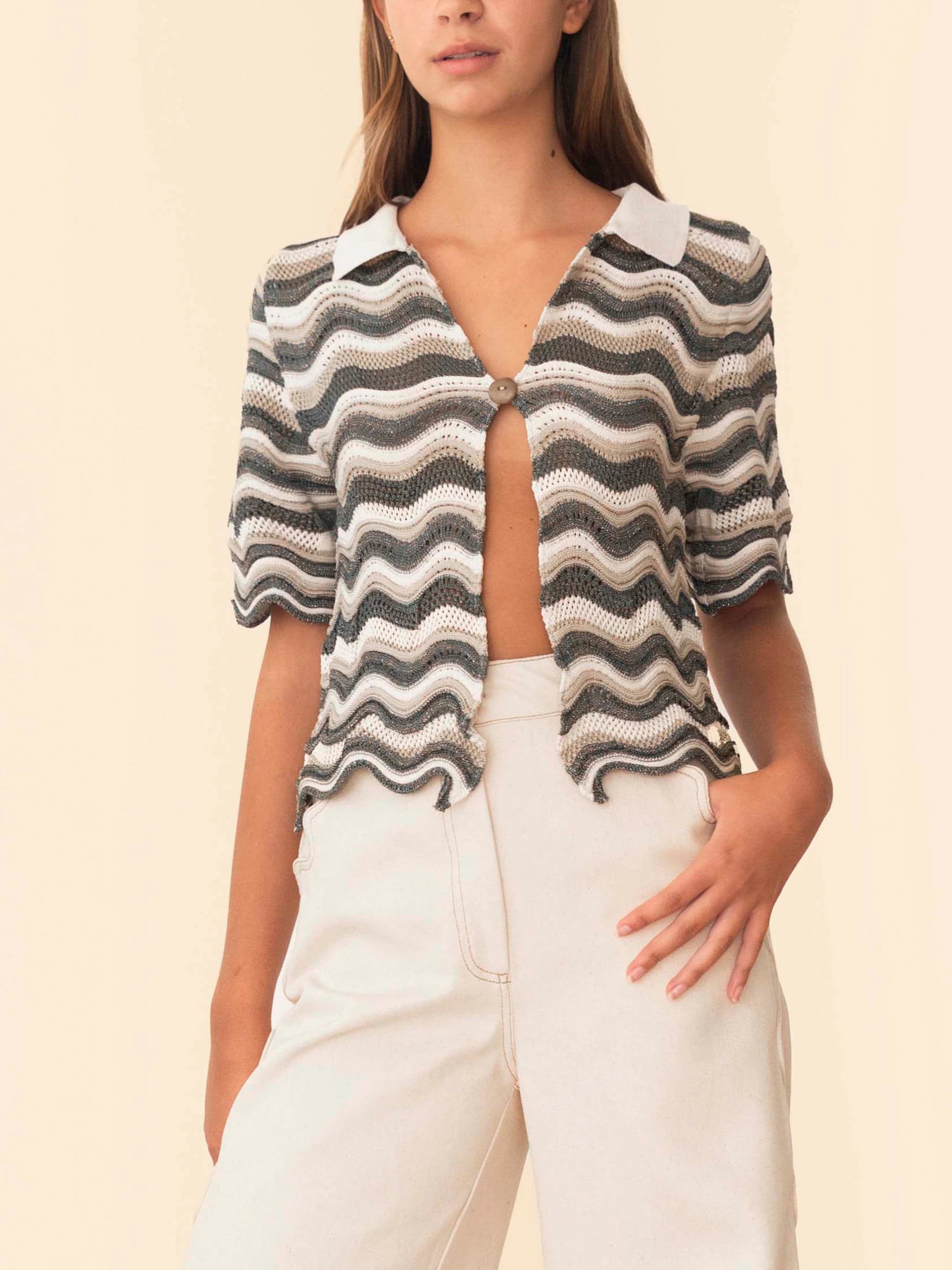 MARTINA TOP GREEN WITH BEIGE STRIPES - imagen 1