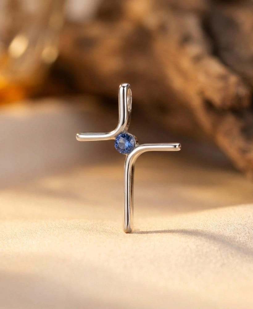Dije Cruz Zafiro Azul Oro Blanco 18K - imagen 2