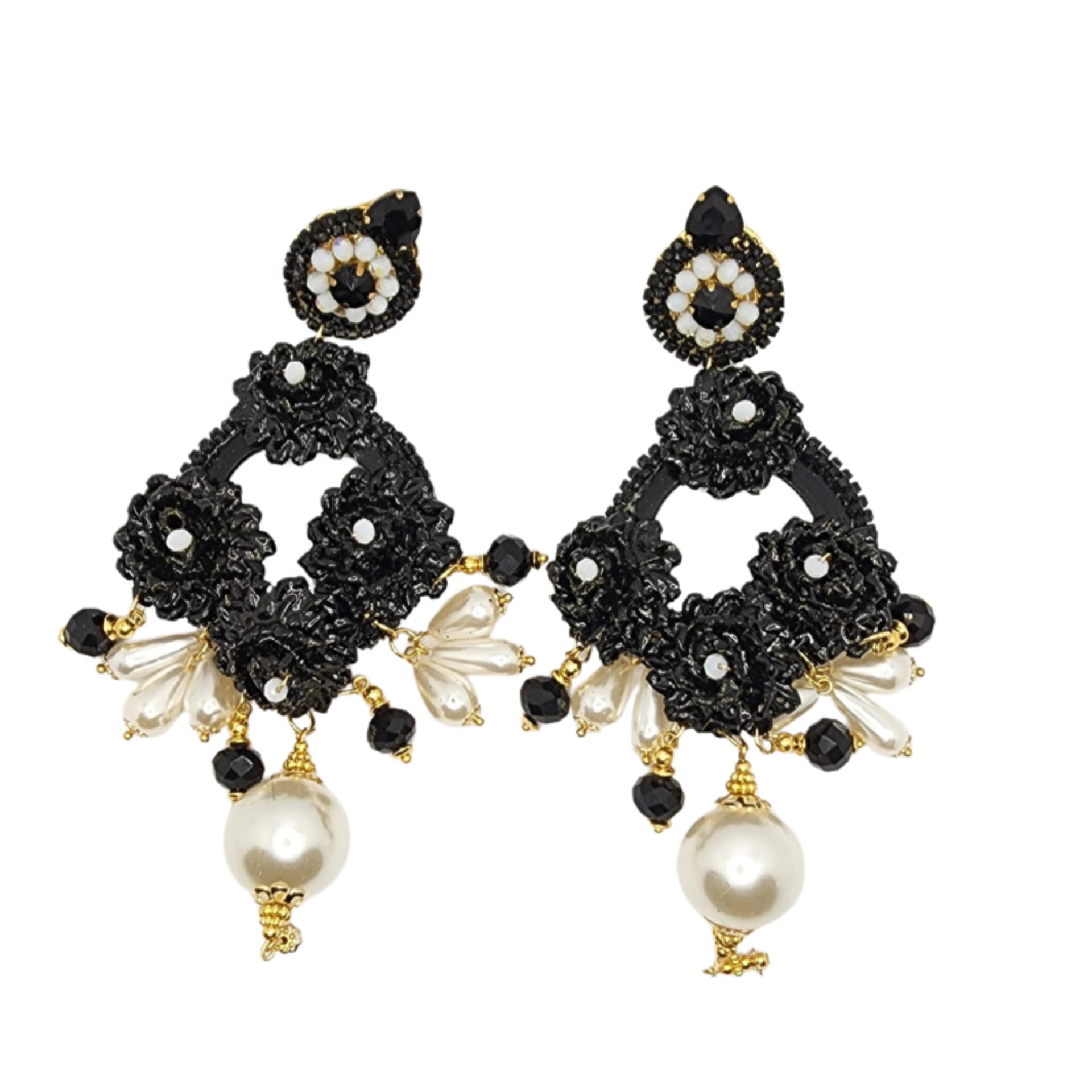 Fiber Circle Flowers & Pearl Earrings - imagen 1