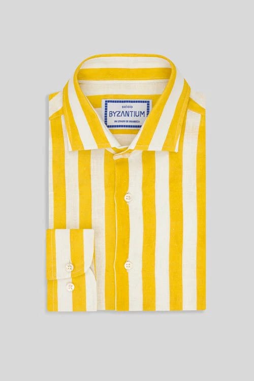 Men's linen shirt yellow faded striped - imagen 3