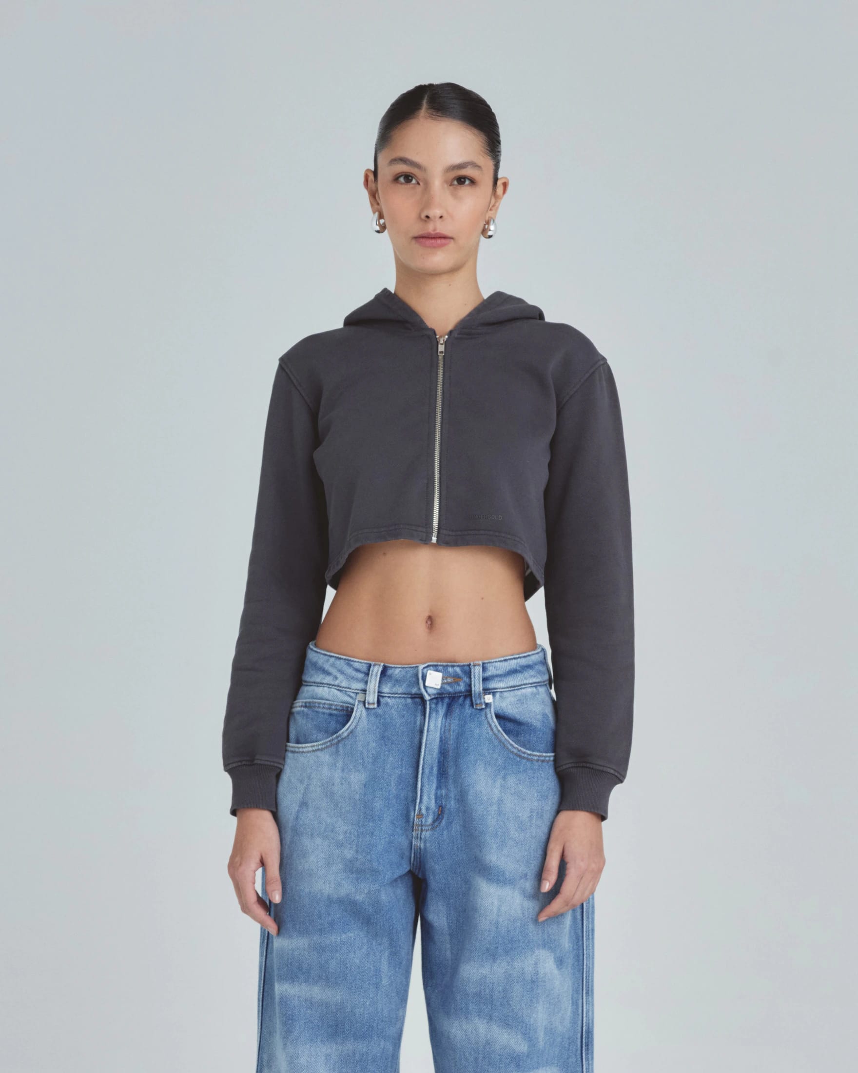 Line Basic Slim Fit Zip Up Cropped Hoodie Dark Gray - imagen 2