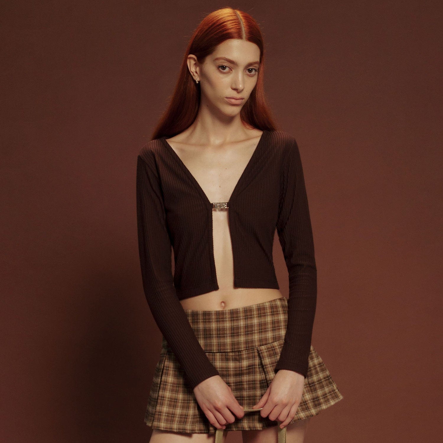 Rib Cropped Cardigan - Brown - imagen 2