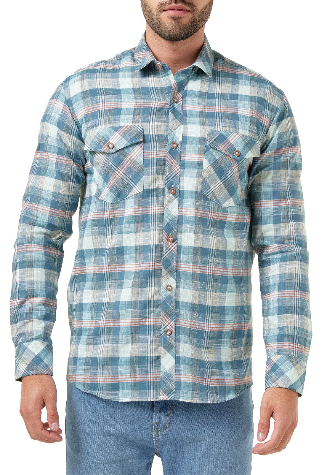 Camisa leñadora verde con tonos azules y blanco doble bolsillo - imagen 3