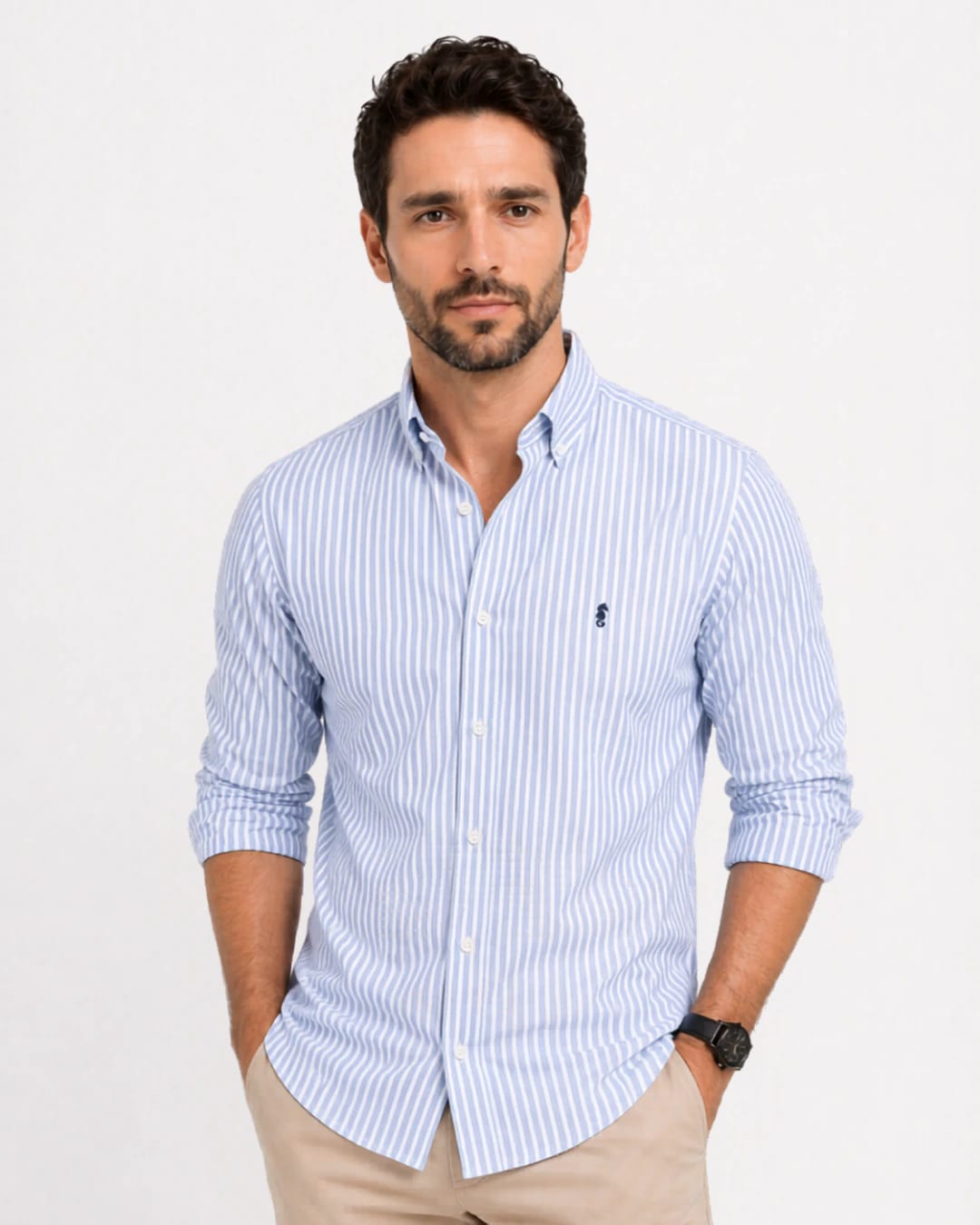 Camisa 100% Algodón Manga Larga Azul Claro Rayas Blancas - imagen 4