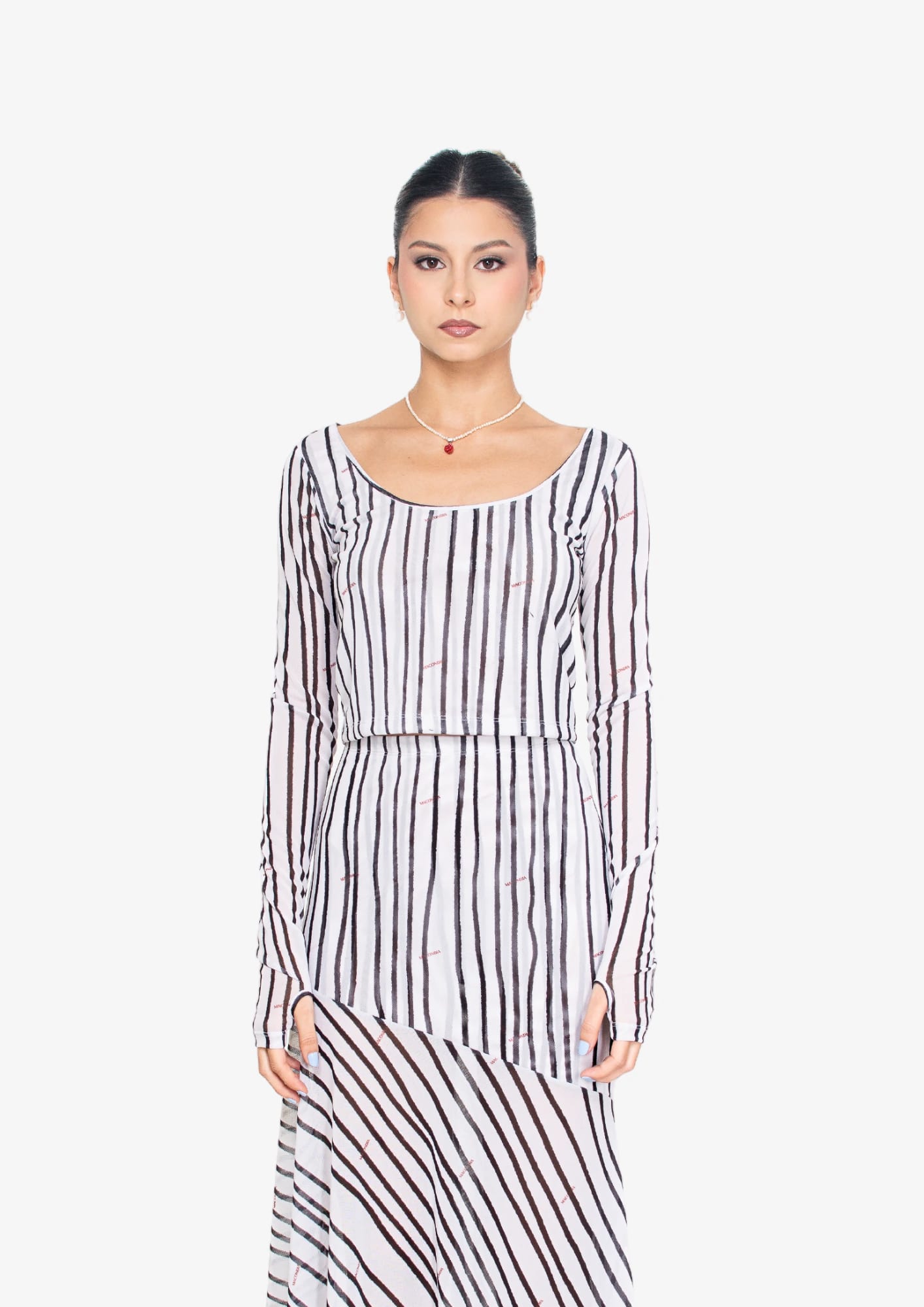 White Stripes Mesh Long Sleeve Blouse - imagen 1