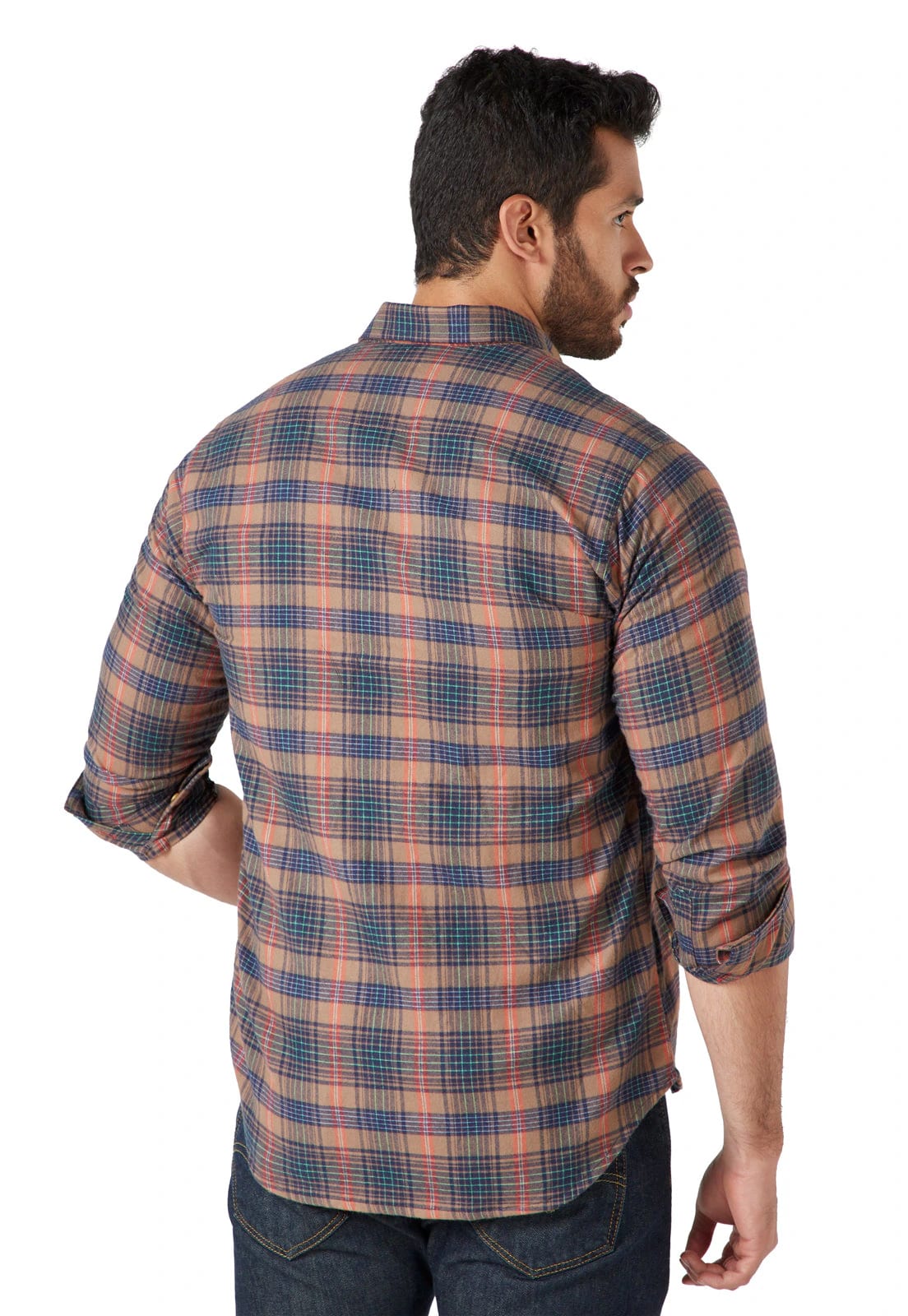 Camisa manga larga leñadora camel rayas azul y roja - imagen 2