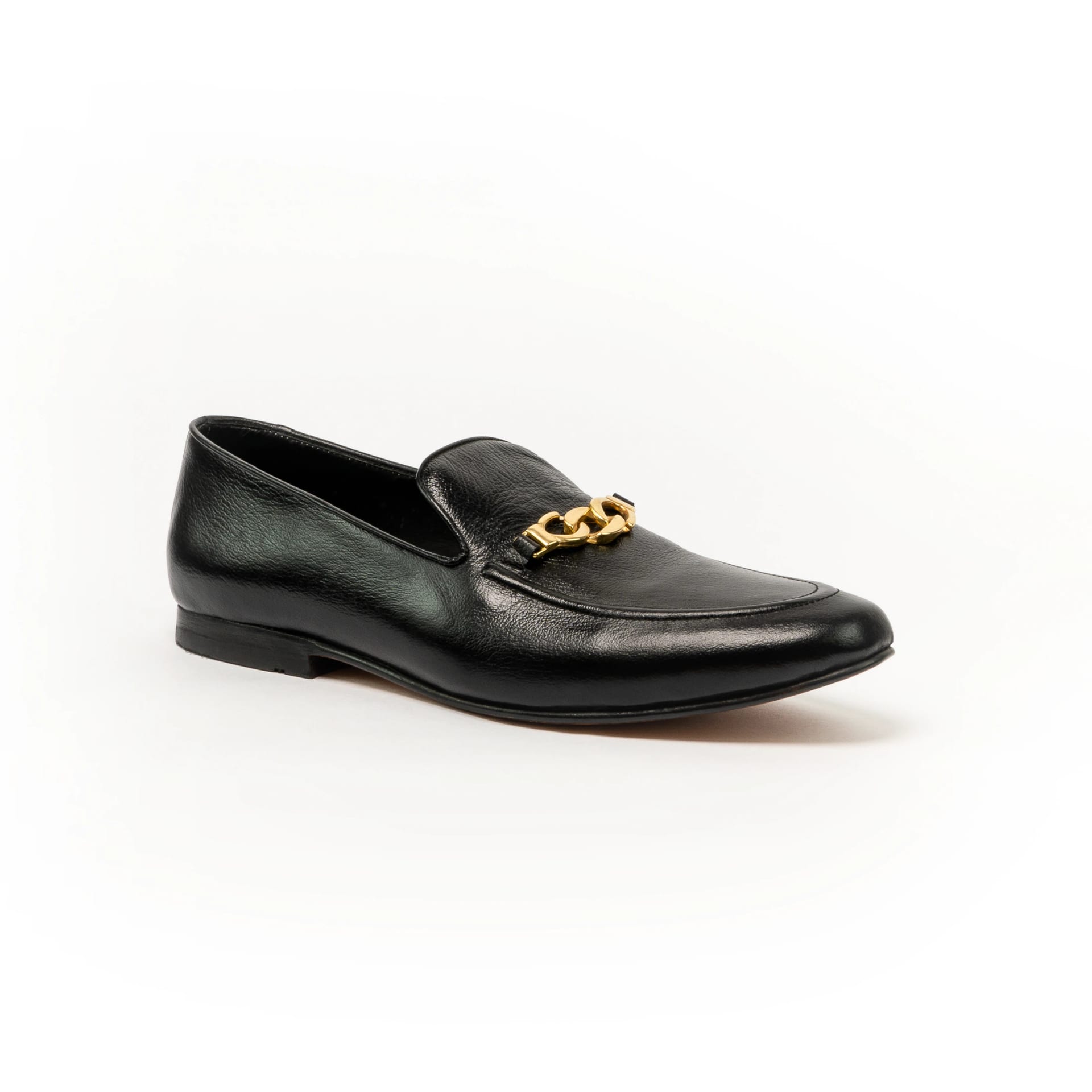 Loafers cuero negro hebilla trenzada dorada - imagen 1