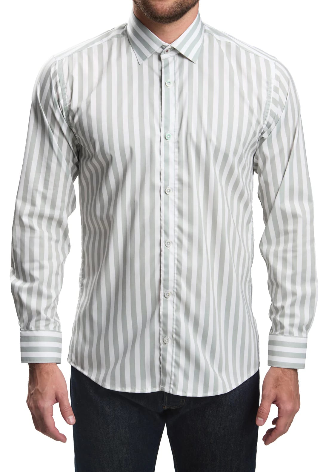 Camisa casual slim fit blanca a rayas verdes - imagen 4