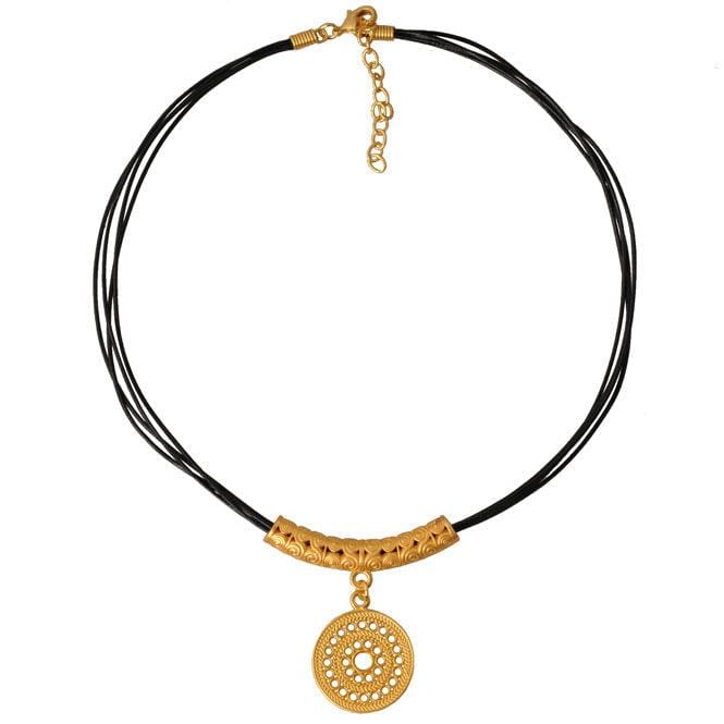 Collar Cuero 4 Vueltas y Dije Pequeño Pectoral Solar Muisca - imagen 1