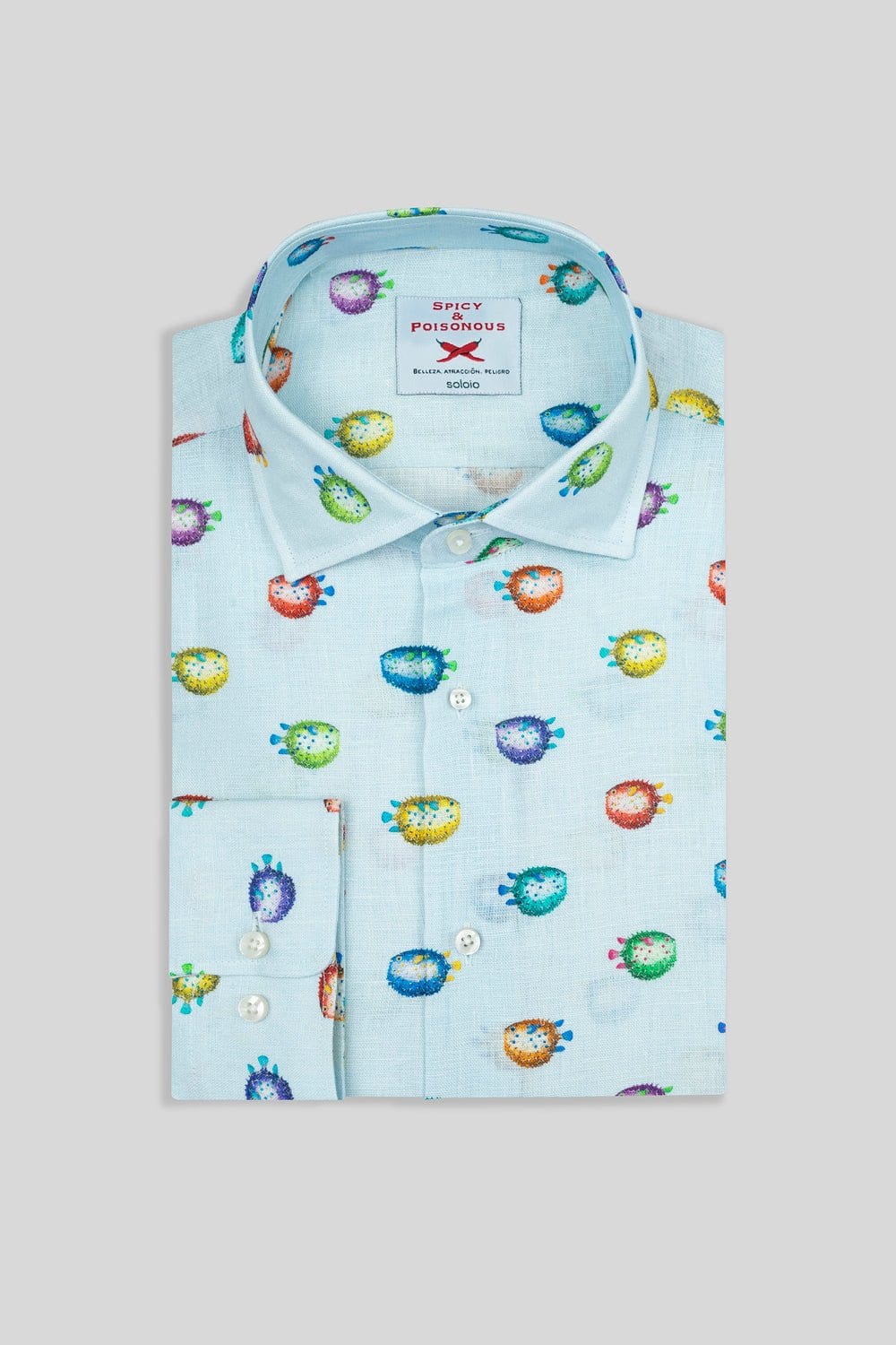 Men's linen shirt turquoise pufferfish - imagen 3
