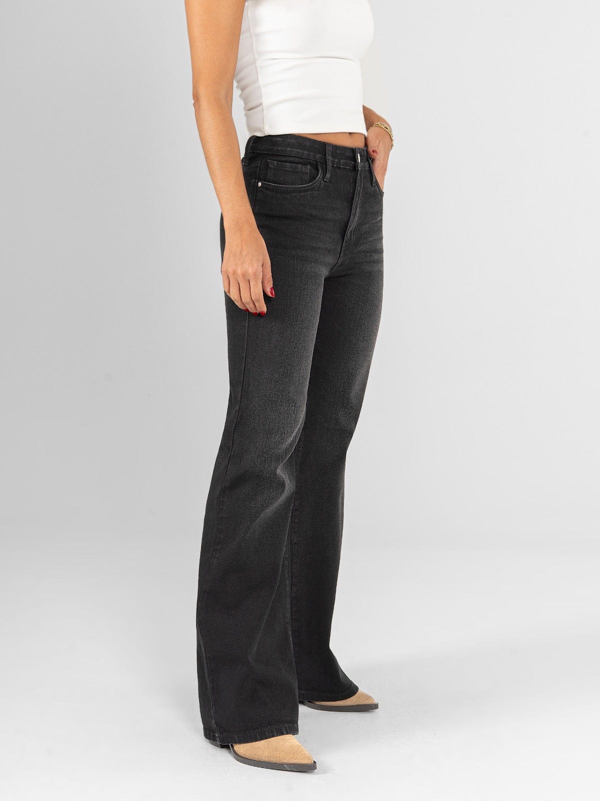 Ref: 066417 Pantalón flare stretch, bota ancha, tiro alto, tono gris oscuro - imagen 3