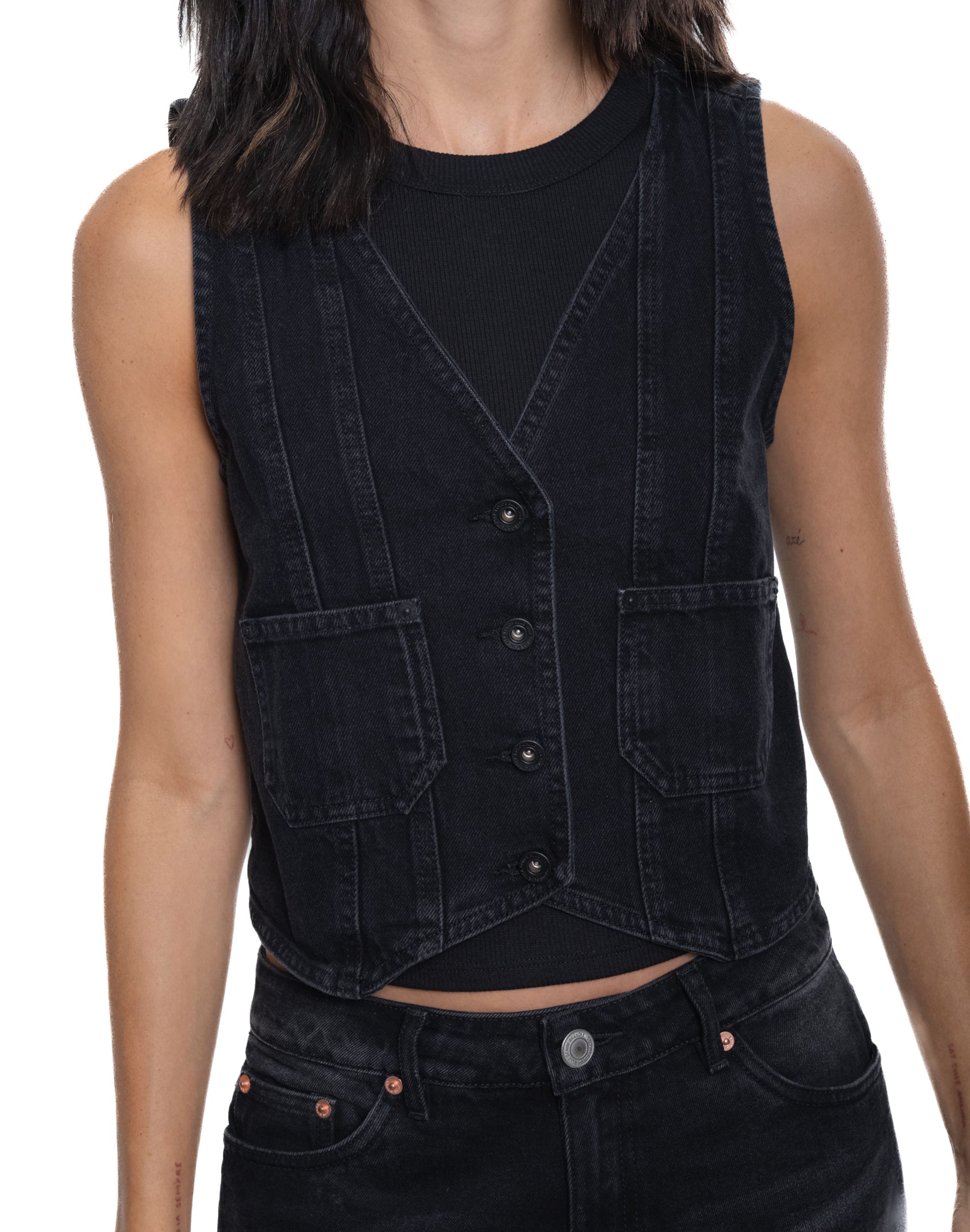 Chaleco Denim Negro Con Bolsillos - imagen 3