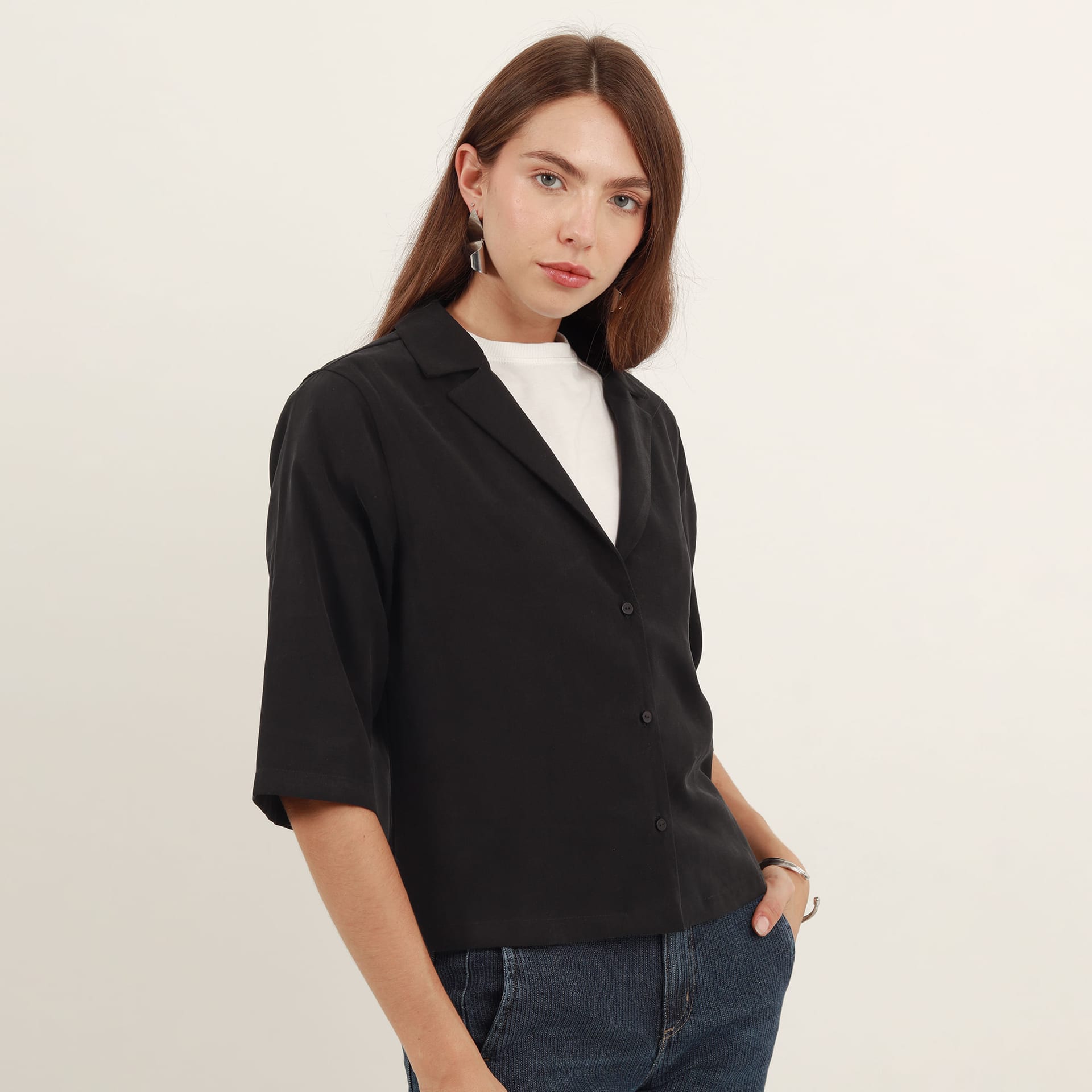 Blusa abierta cuello solapa manga 3/4 - imagen 1